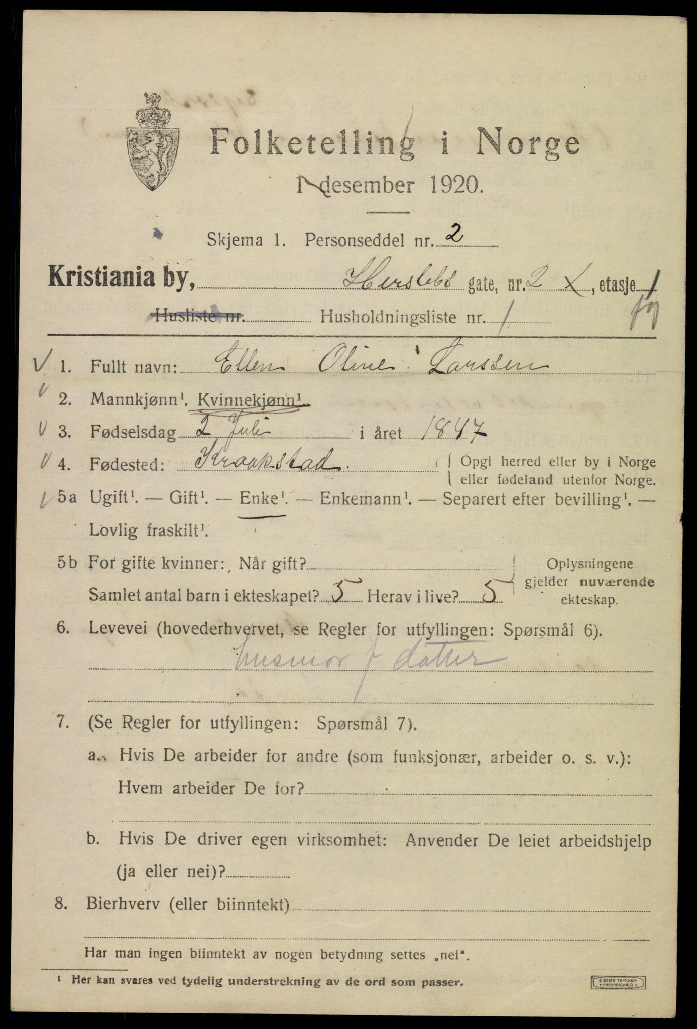 SAO, 1920 census for Kristiania, 1920, p. 289113