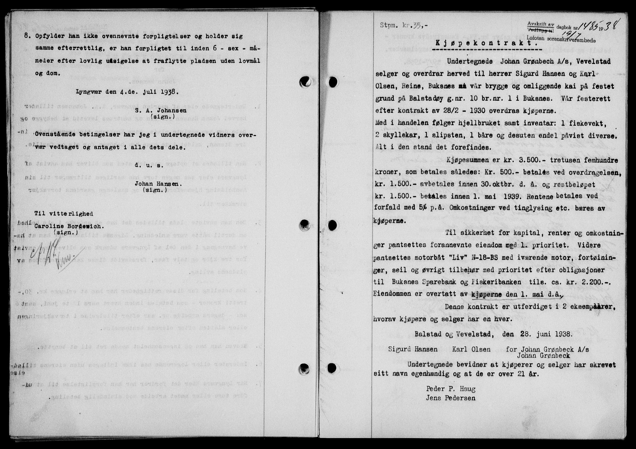 Lofoten sorenskriveri, SAT/A-0017/1/2/2C/L0004a: Mortgage book no. 4a, 1938-1938, Diary no: : 1485/1938