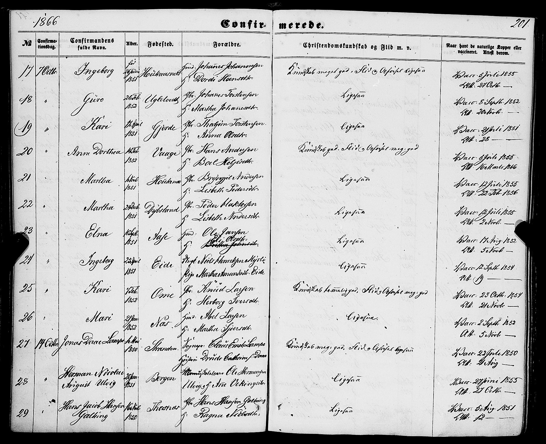 Strandebarm sokneprestembete, AV/SAB-A-78401/H/Haa: Parish register (official) no. A 8, 1858-1872, p. 201