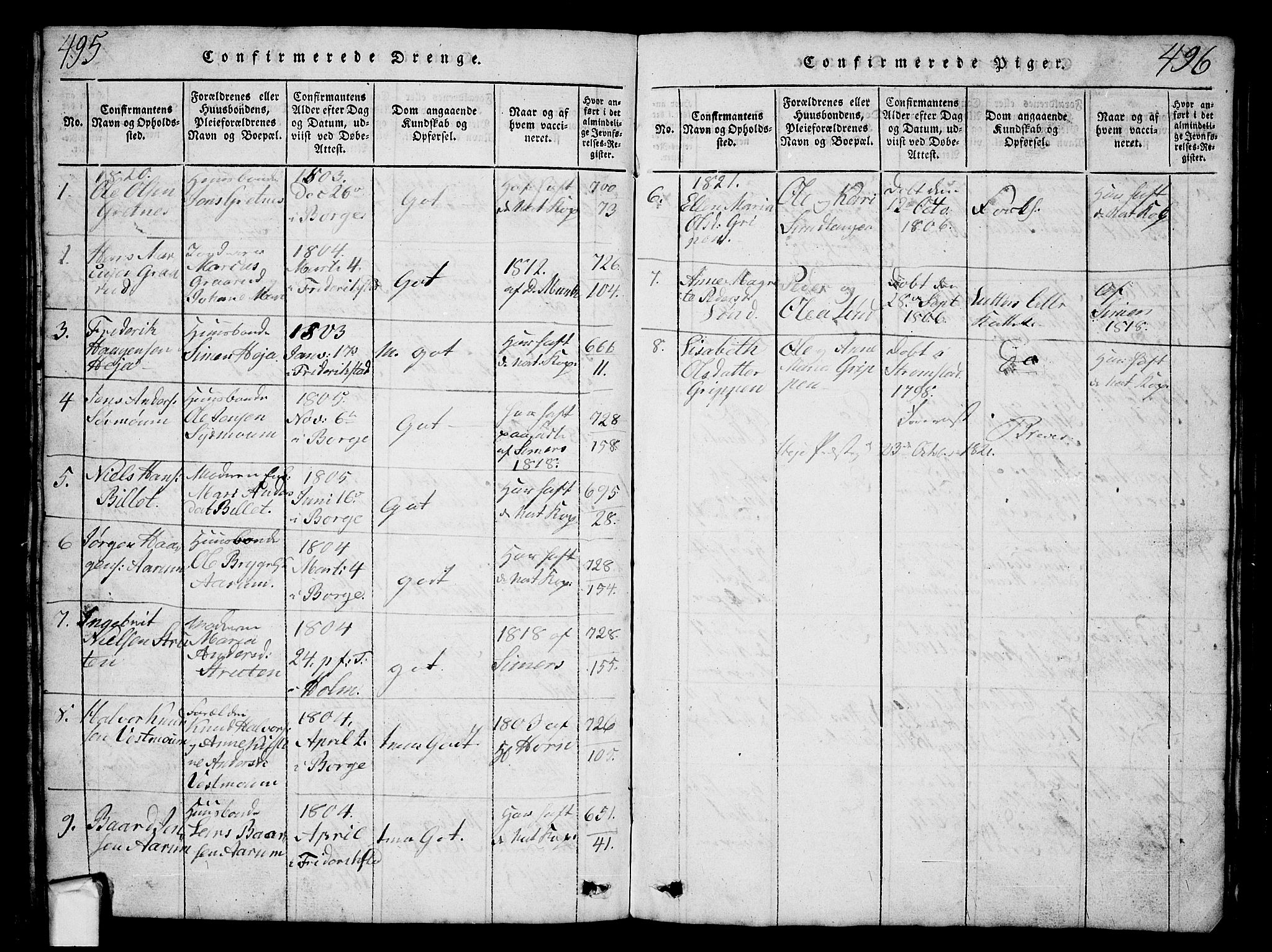 Borge prestekontor Kirkebøker, AV/SAO-A-10903/G/Ga/L0001: Parish register (copy) no.  I 1, 1815-1835, p. 495-496