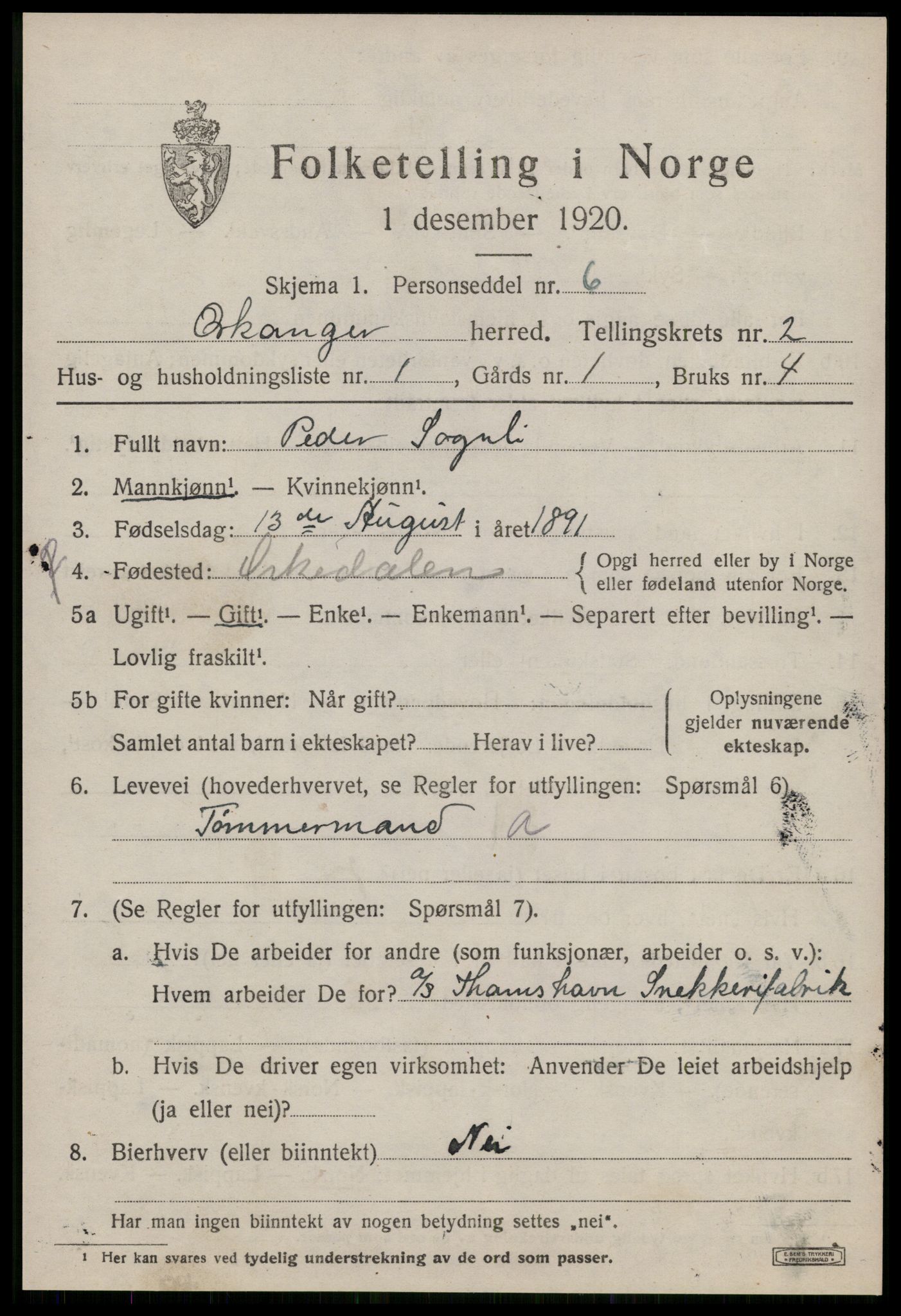 SAT, 1920 census for Orkanger, 1920, p. 1203