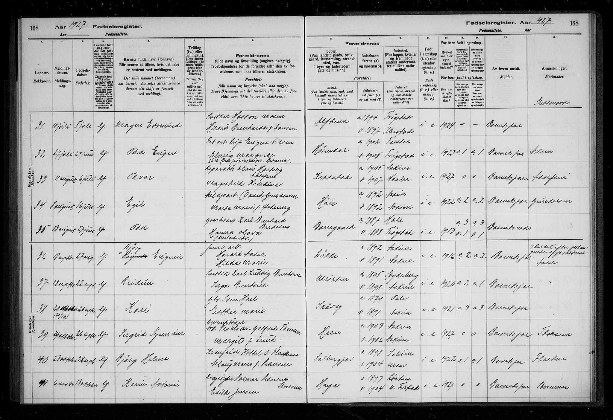 Askim prestekontor Kirkebøker, AV/SAO-A-10900/J/Ja/L0001: Birth register no. 1, 1916-1929, p. 168