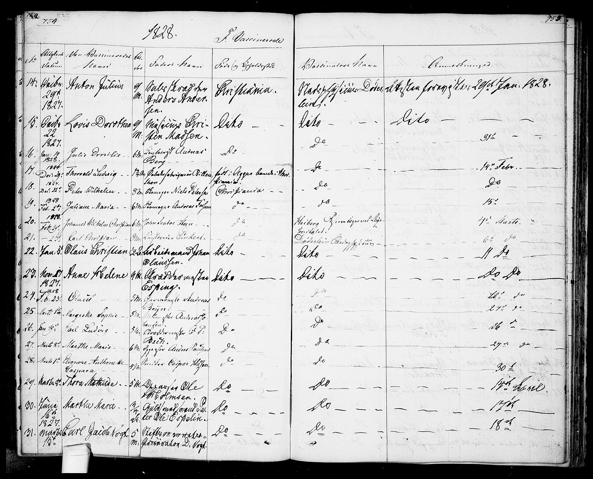Oslo domkirke Kirkebøker, SAO/A-10752/F/Fa/L0022: Parish register (official) no. 22, 1824-1829, p. 754-755