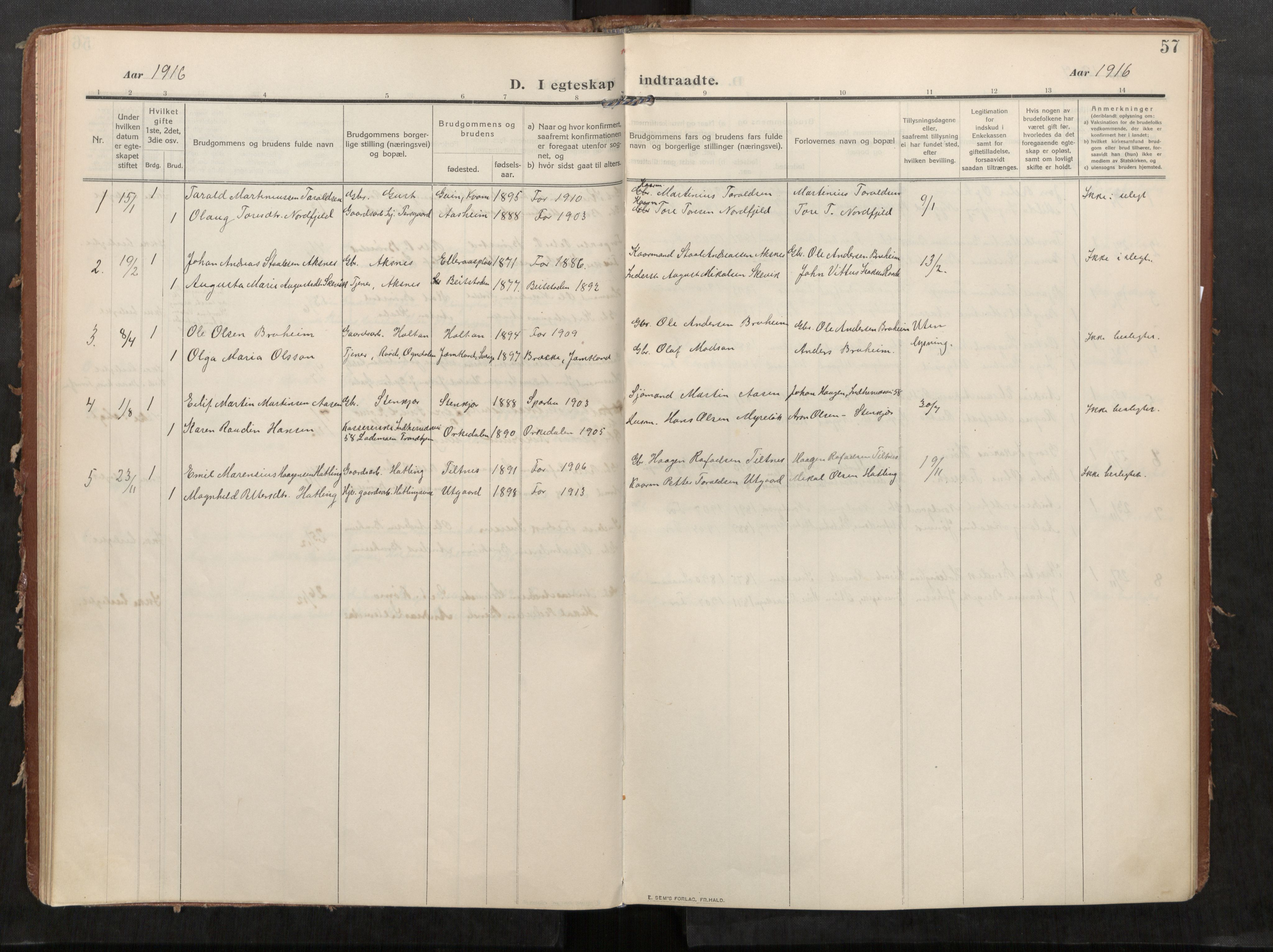 Stod sokneprestkontor, SAT/A-1164/1/I/I1/I1a/L0002: Parish register (official) no. 2, 1909-1922, p. 57