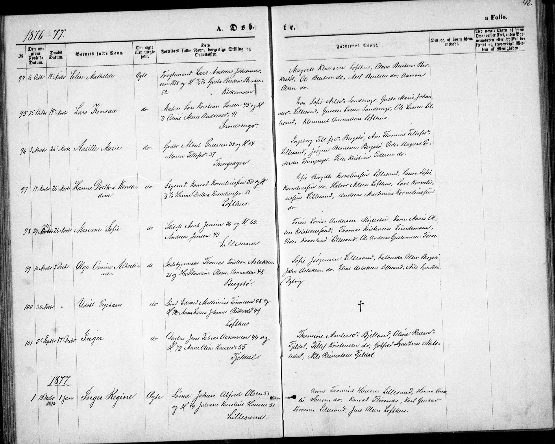 Vestre Moland sokneprestkontor, SAK/1111-0046/F/Fb/Fbb/L0005: Parish register (copy) no. B 5, 1872-1883, p. 42
