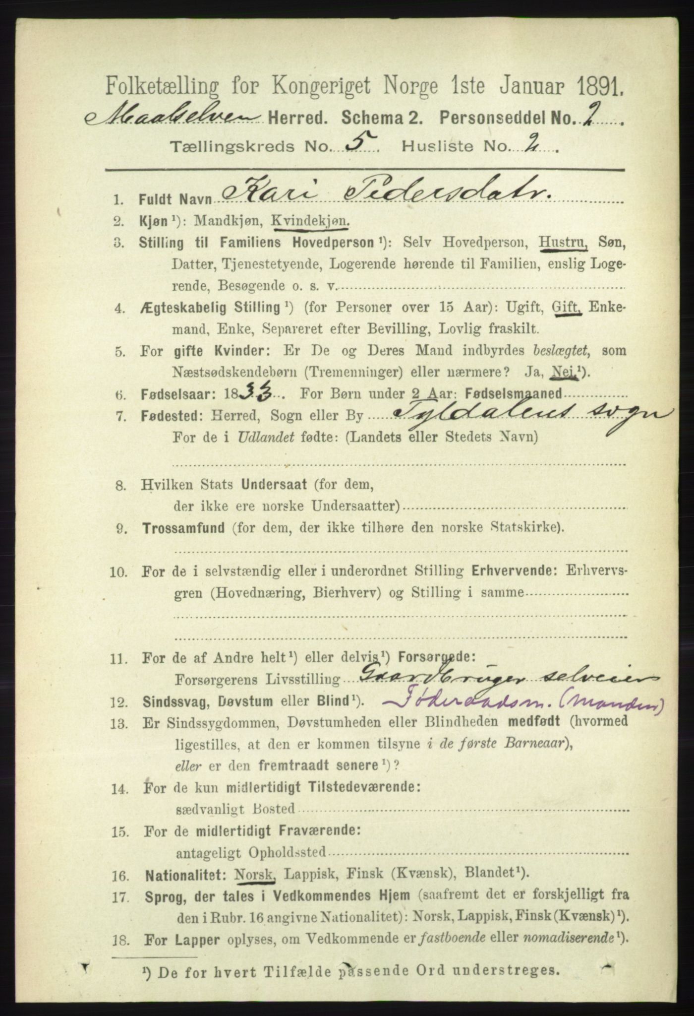 RA, 1891 census for 1924 Målselv, 1891, p. 1622