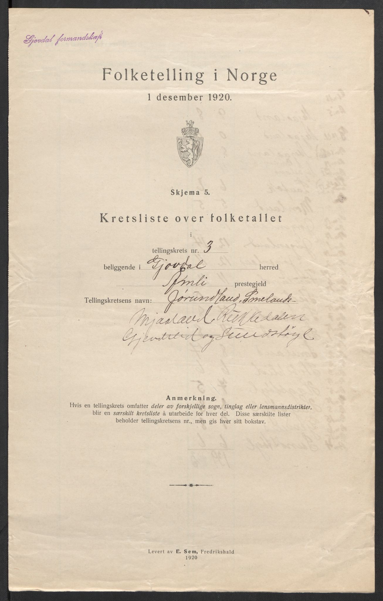 SAK, 1920 census for Gjøvdal, 1920, p. 15