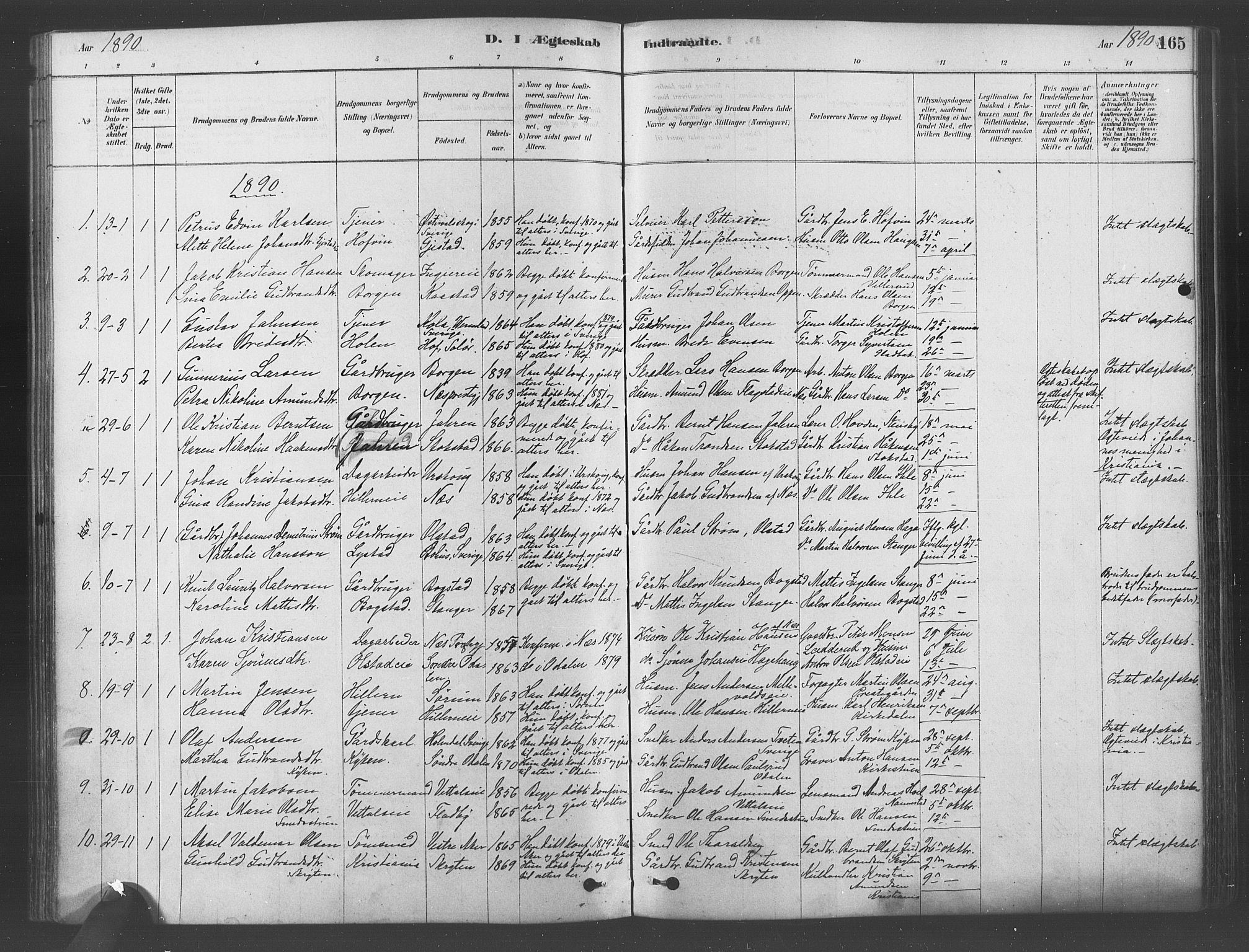 Ullensaker prestekontor Kirkebøker, SAO/A-10236a/F/Fa/L0019: Parish register (official) no. I 19, 1878-1891, p. 165