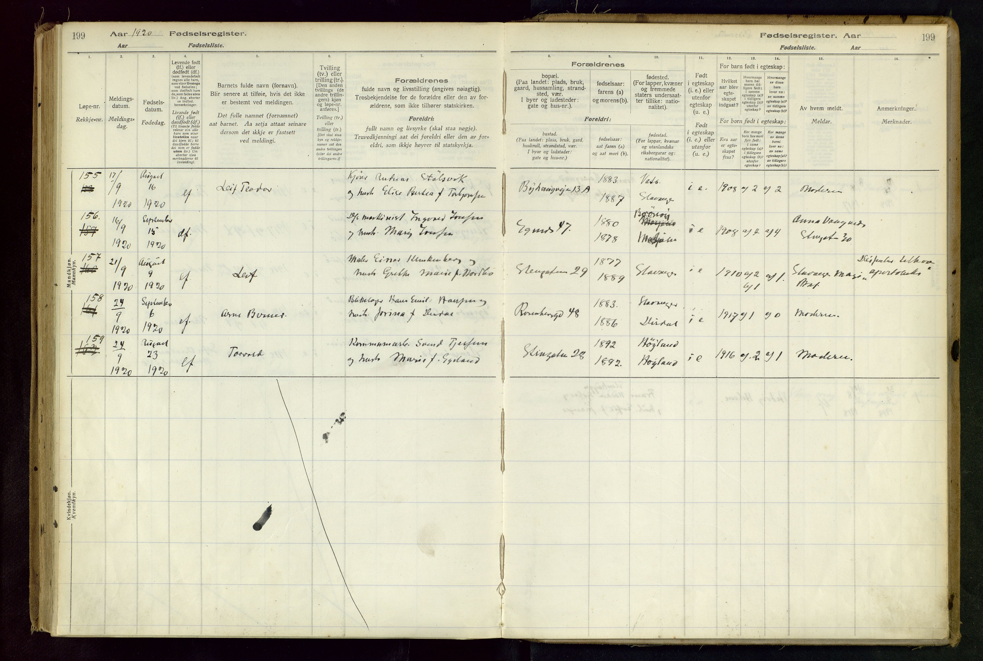 Domkirken sokneprestkontor, AV/SAST-A-101812/002/B/L0001: Birth register no. 1, 1916-1920, p. 199