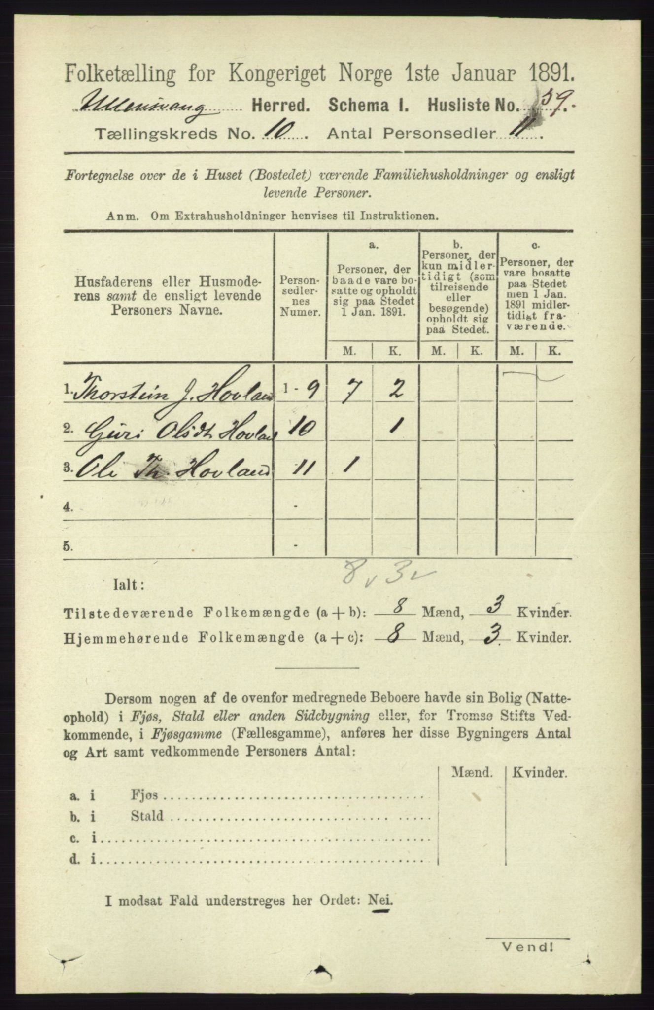 RA, 1891 census for 1230 Ullensvang, 1891, p. 3740