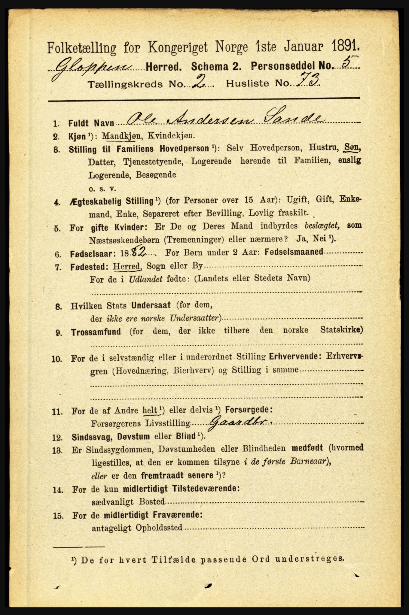 RA, 1891 census for 1445 Gloppen, 1891, p. 1132