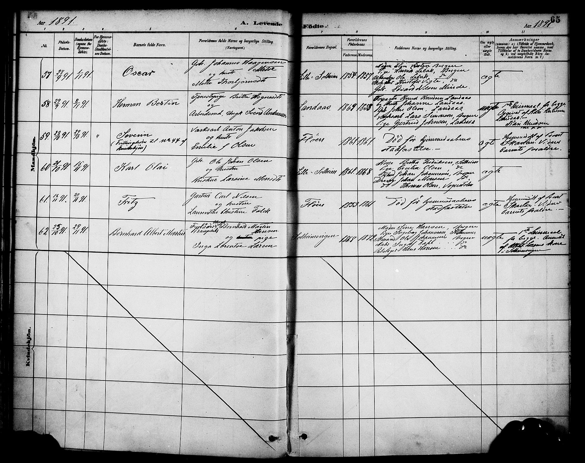 Årstad Sokneprestembete, AV/SAB-A-79301/H/Haa/L0001: Parish register (official) no. A 1, 1886-1901, p. 65