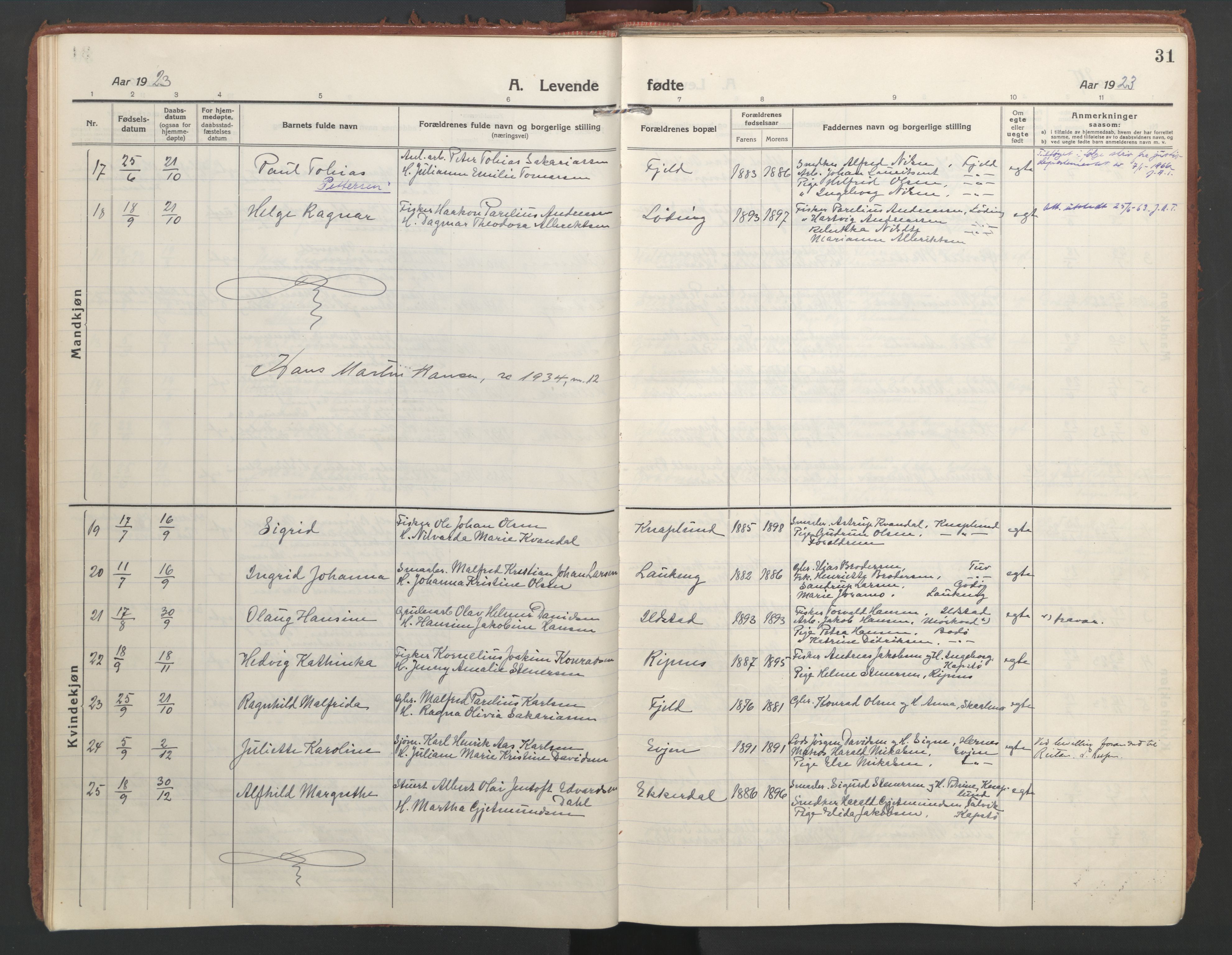 Ministerialprotokoller, klokkerbøker og fødselsregistre - Nordland, AV/SAT-A-1459/804/L0086: Parish register (official) no. 804A07, 1916-1935, p. 31