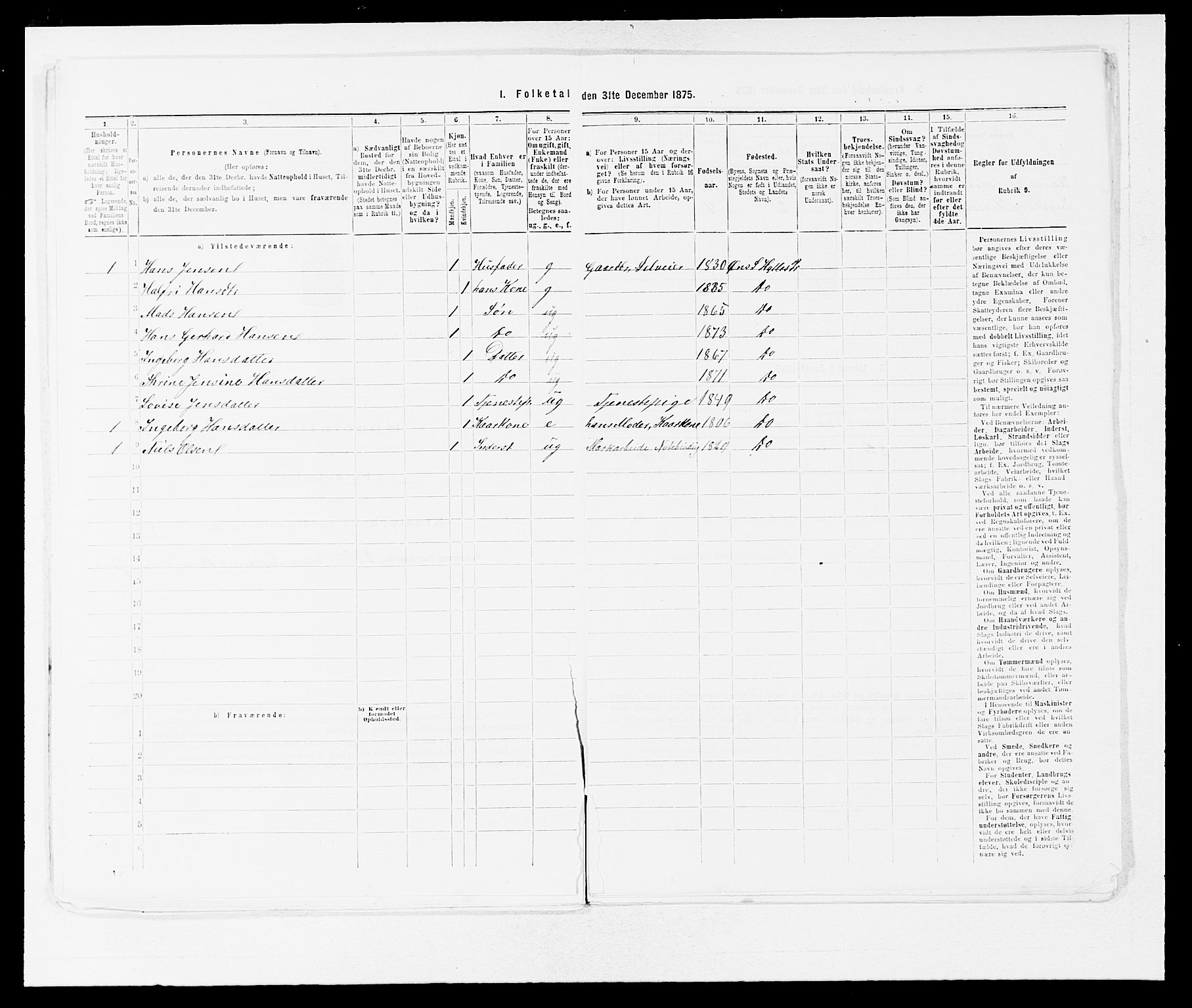 SAB, 1875 census for 1413P Hyllestad, 1875, p. 261