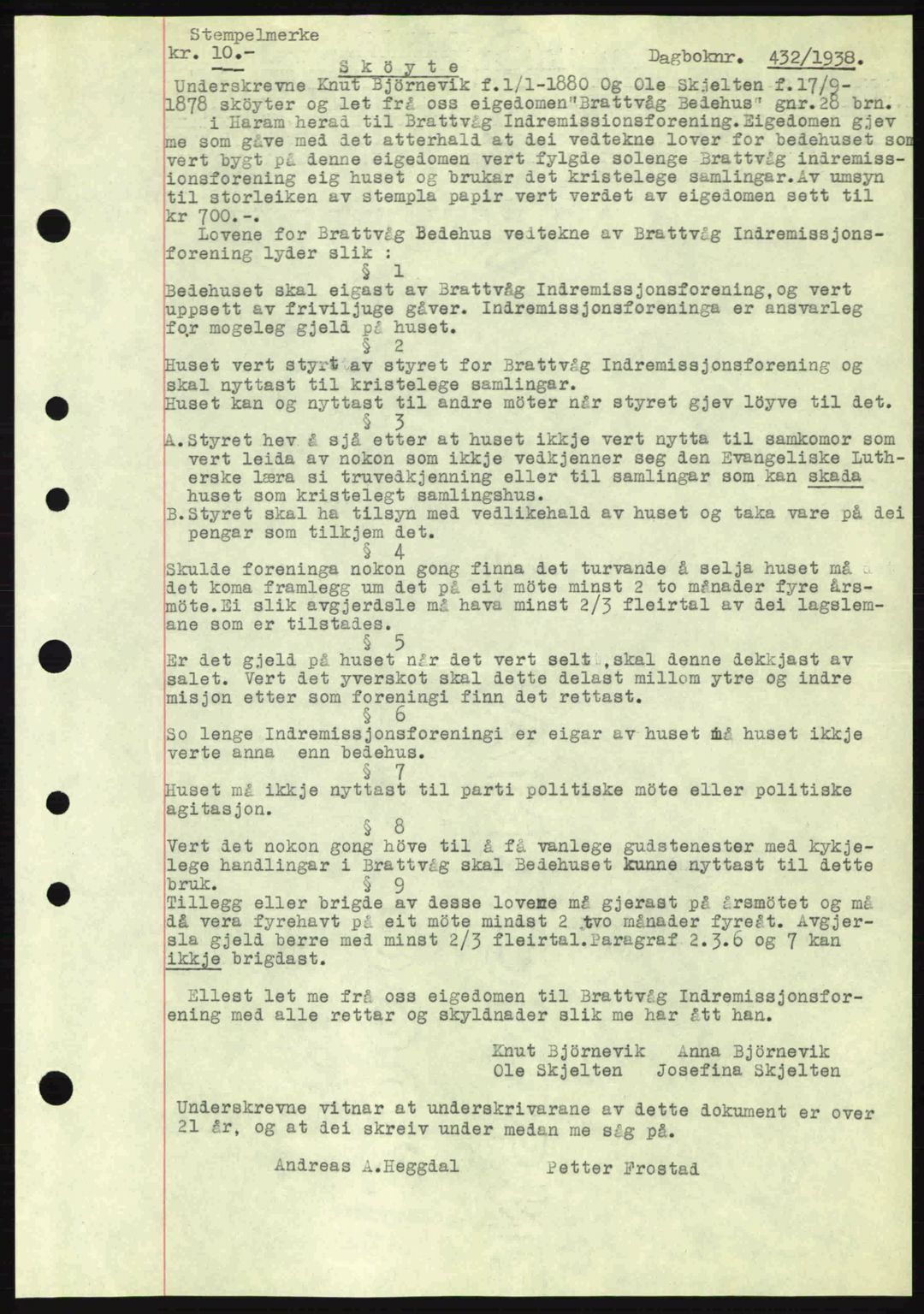 Nordre Sunnmøre sorenskriveri, AV/SAT-A-0006/1/2/2C/2Ca: Mortgage book no. A4, 1937-1938, Diary no: : 432/1938