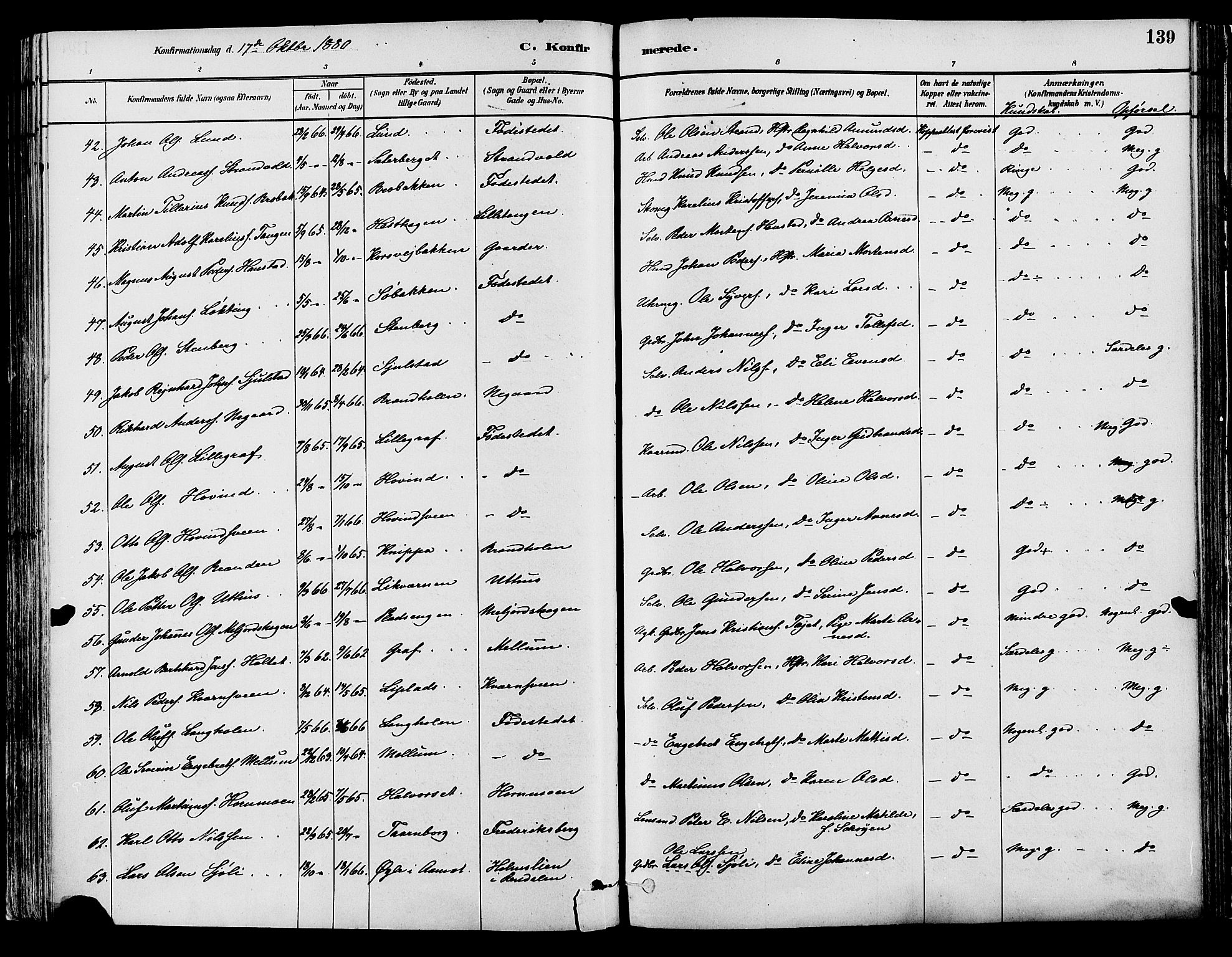 Elverum prestekontor, AV/SAH-PREST-044/H/Ha/Haa/L0013: Parish register (official) no. 13, 1880-1890, p. 139