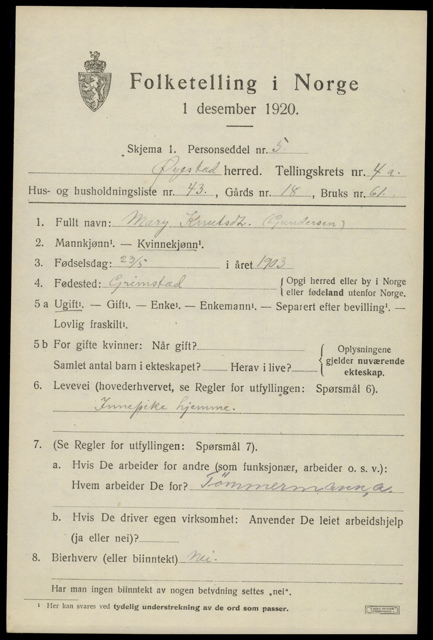 SAK, 1920 census for Øyestad, 1920, p. 3598