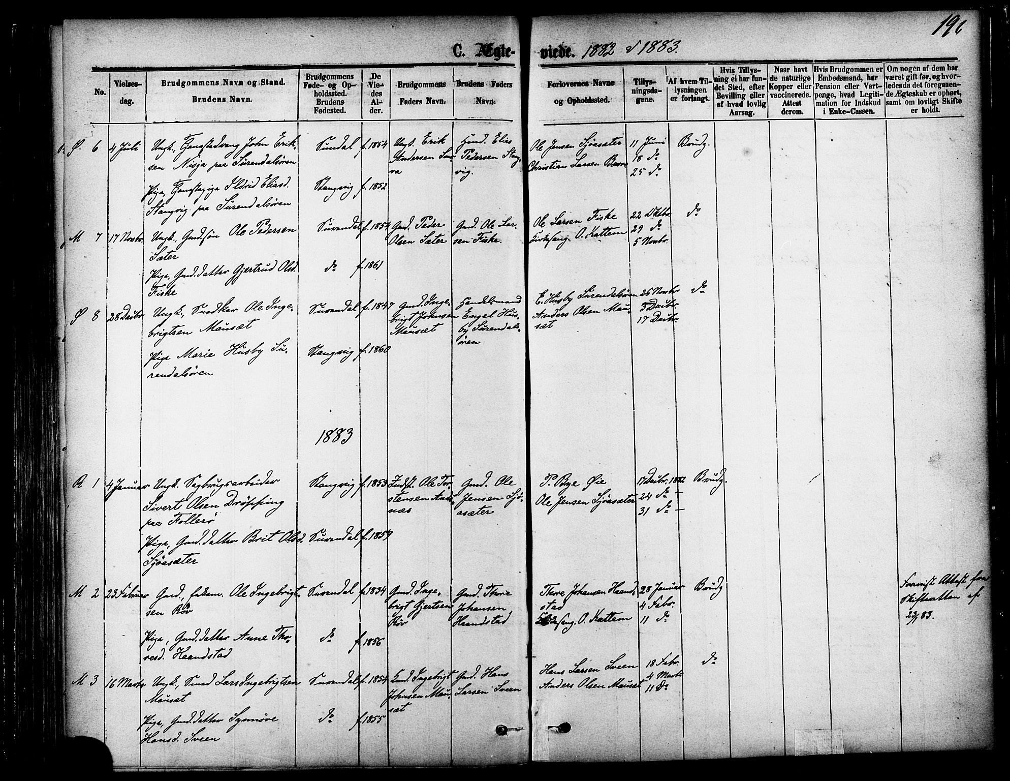 Ministerialprotokoller, klokkerbøker og fødselsregistre - Møre og Romsdal, SAT/A-1454/595/L1046: Parish register (official) no. 595A08, 1874-1884, p. 196