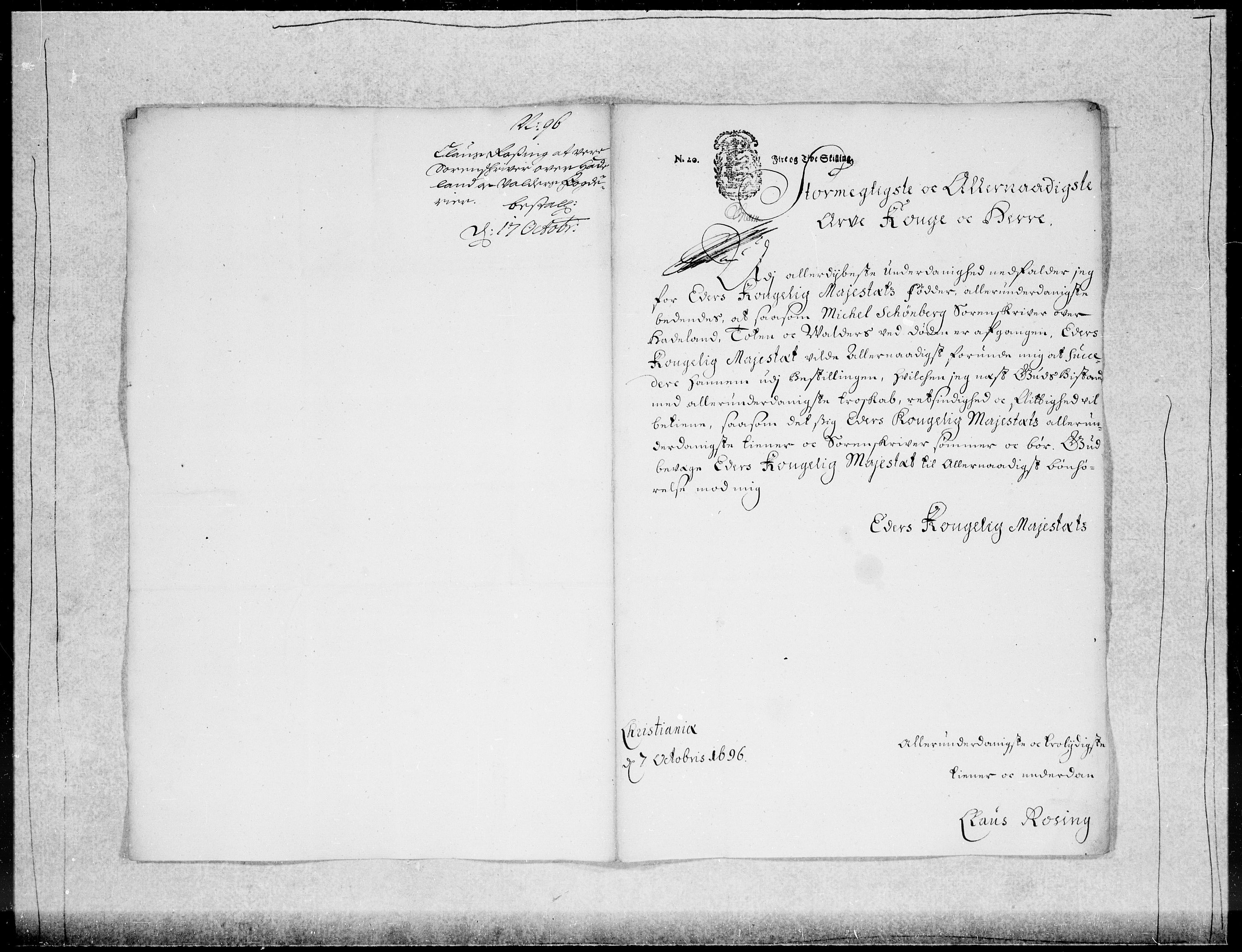 Danske Kanselli 1572-1799, RA/EA-3023/F/Fc/Fcc/Fcca/L0047: Norske innlegg 1572-1799, 1695-1697, p. 226