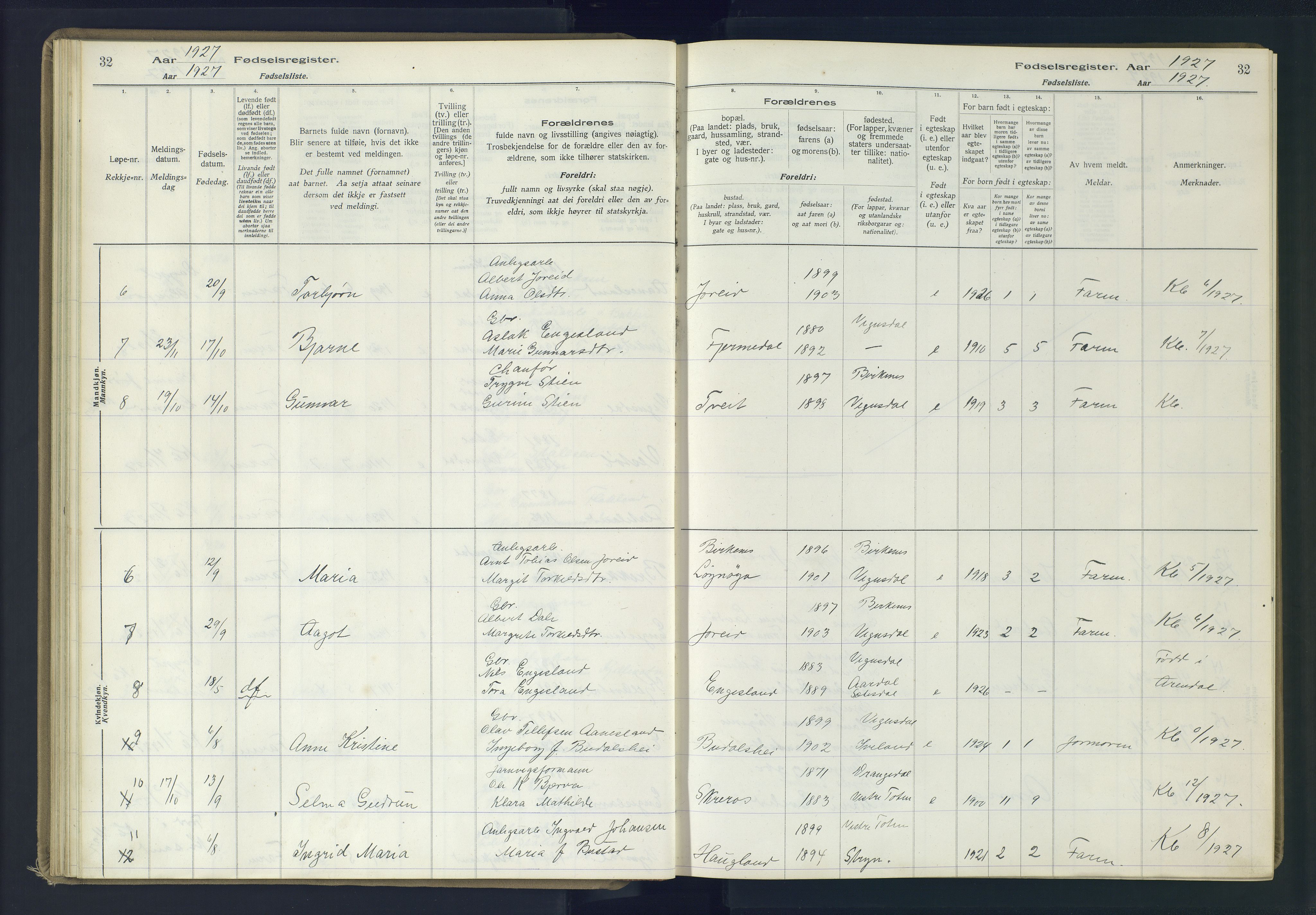 Herefoss sokneprestkontor, AV/SAK-1111-0019/J/Ja/L0002: Birth register no. II.6.11, 1916-1982, p. 32