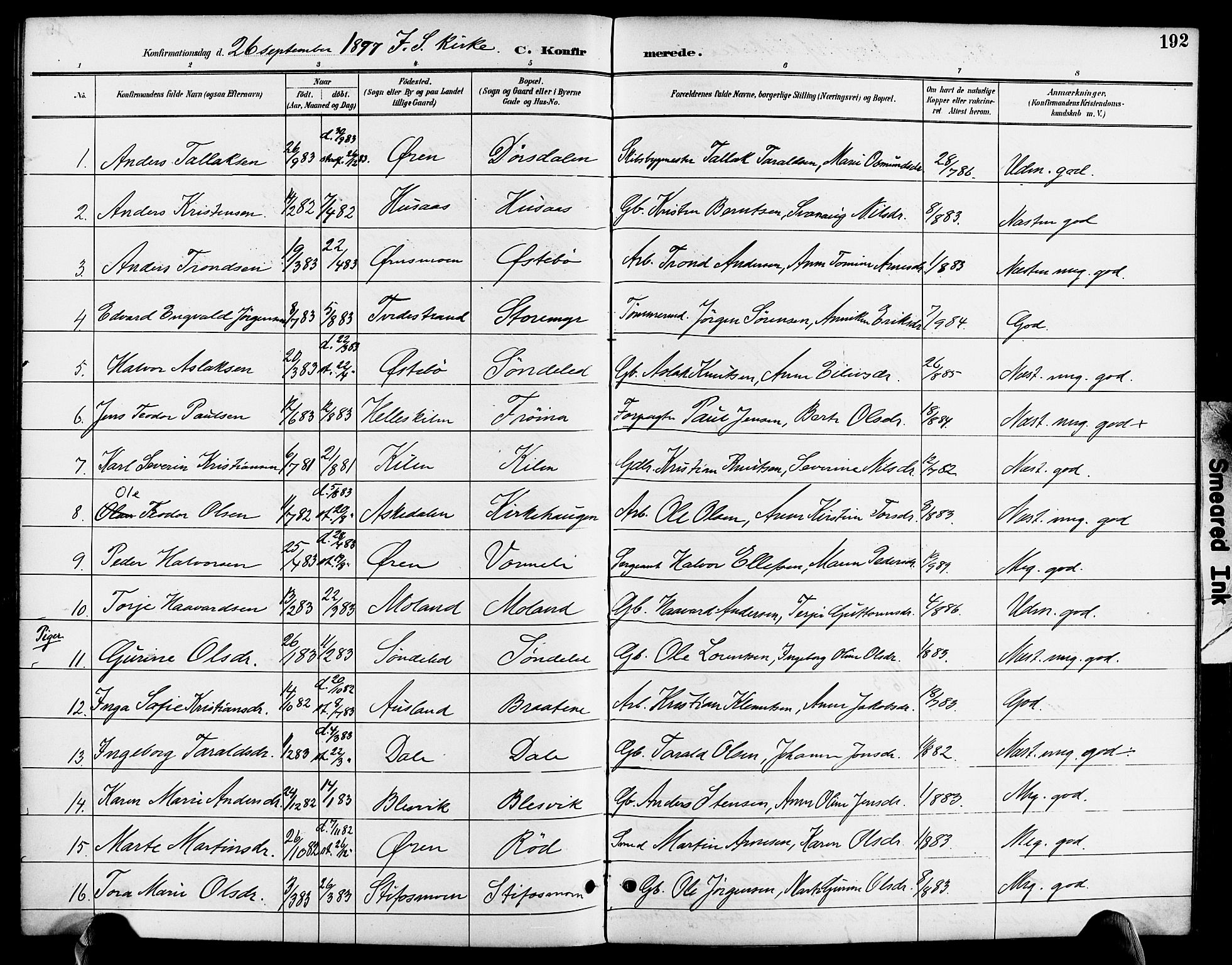 Søndeled sokneprestkontor, AV/SAK-1111-0038/F/Fa/L0005: Parish register (official) no. A 5, 1889-1899, p. 192