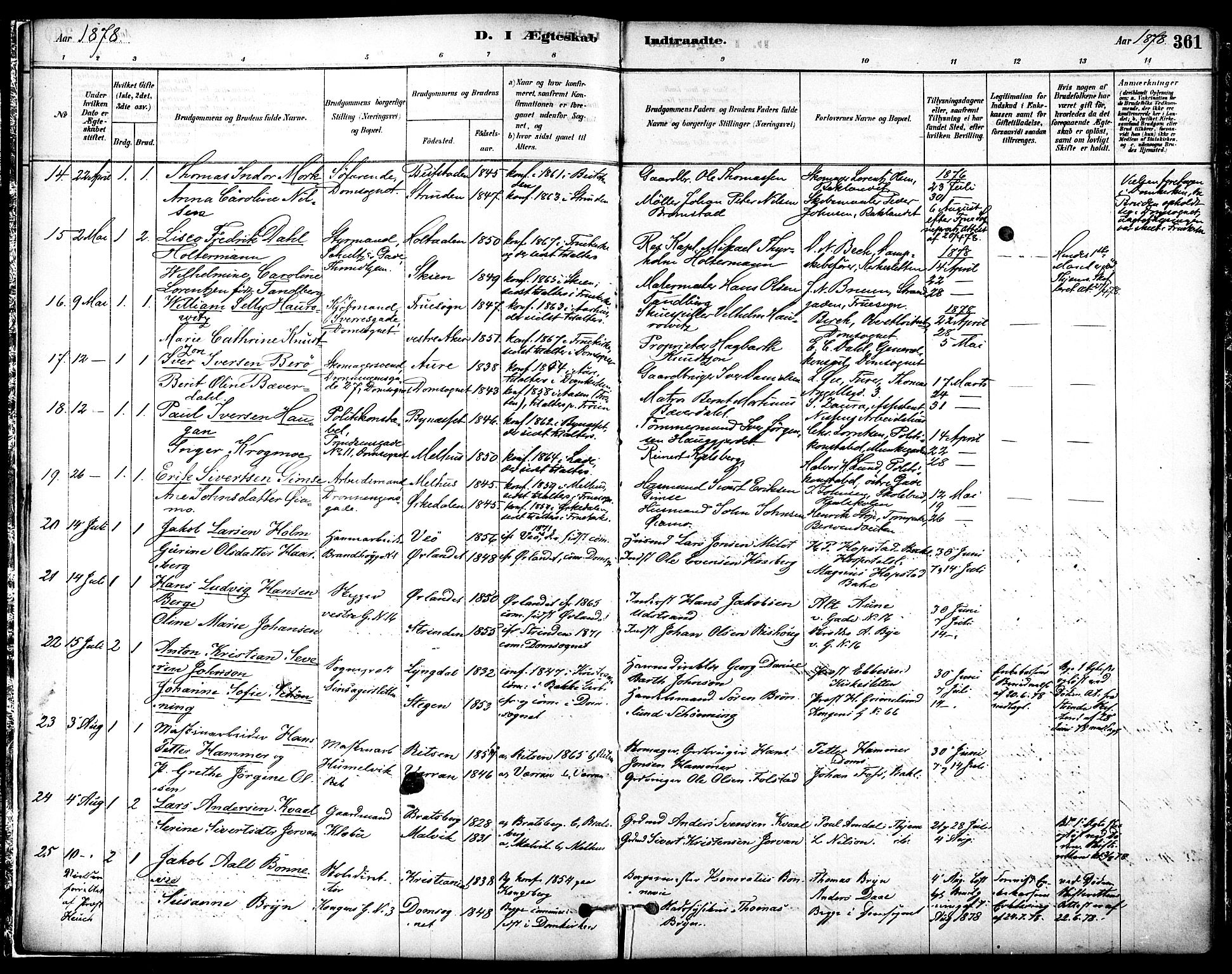 Ministerialprotokoller, klokkerbøker og fødselsregistre - Sør-Trøndelag, SAT/A-1456/601/L0058: Parish register (official) no. 601A26, 1877-1891, p. 361