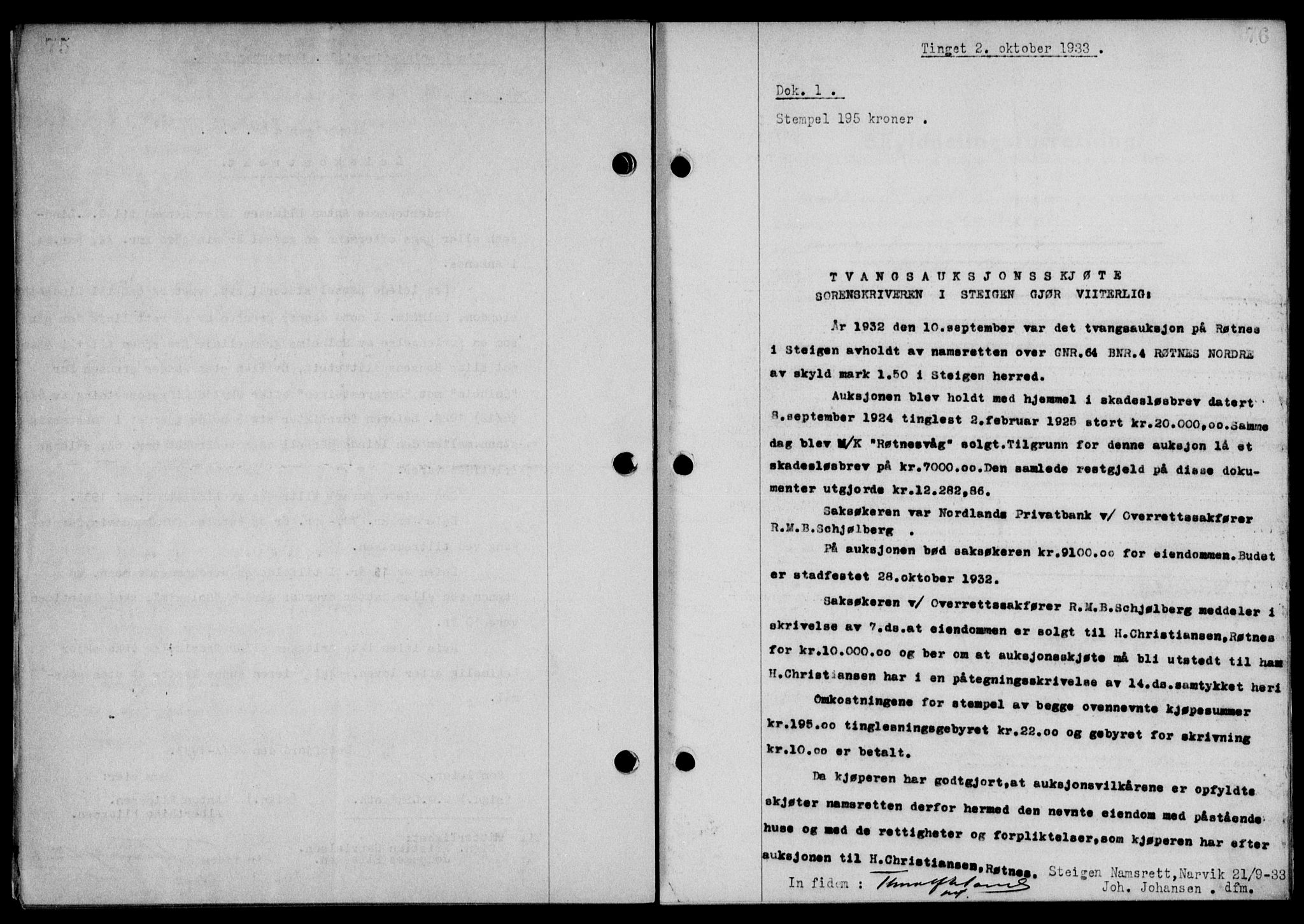 Steigen og Ofoten sorenskriveri, SAT/A-0030/1/2/2C/L0023/0002: Mortgage book no. 26-II og 27, 1933-1934, Deed date: 02.10.1933