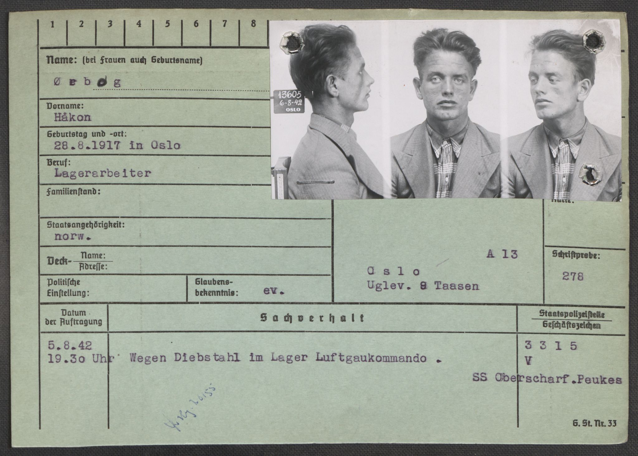 Befehlshaber der Sicherheitspolizei und des SD, AV/RA-RAFA-5969/E/Ea/Eaa/L0010: Register over norske fanger i Møllergata 19: Sø-Å, 1940-1945, p. 1262