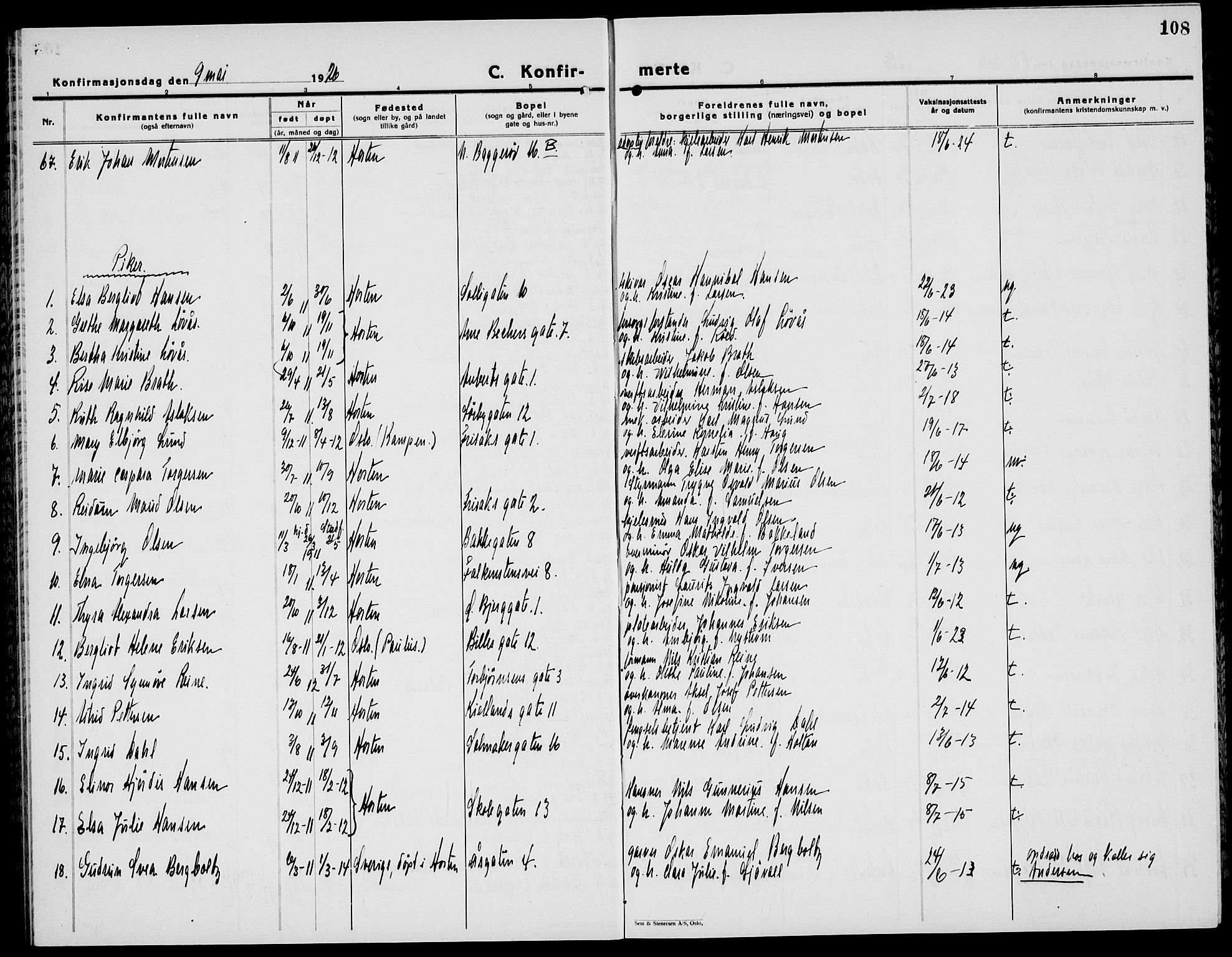 Horten kirkebøker, AV/SAKO-A-348/G/Ga/L0009: Parish register (copy) no. 9, 1926-1936, p. 108