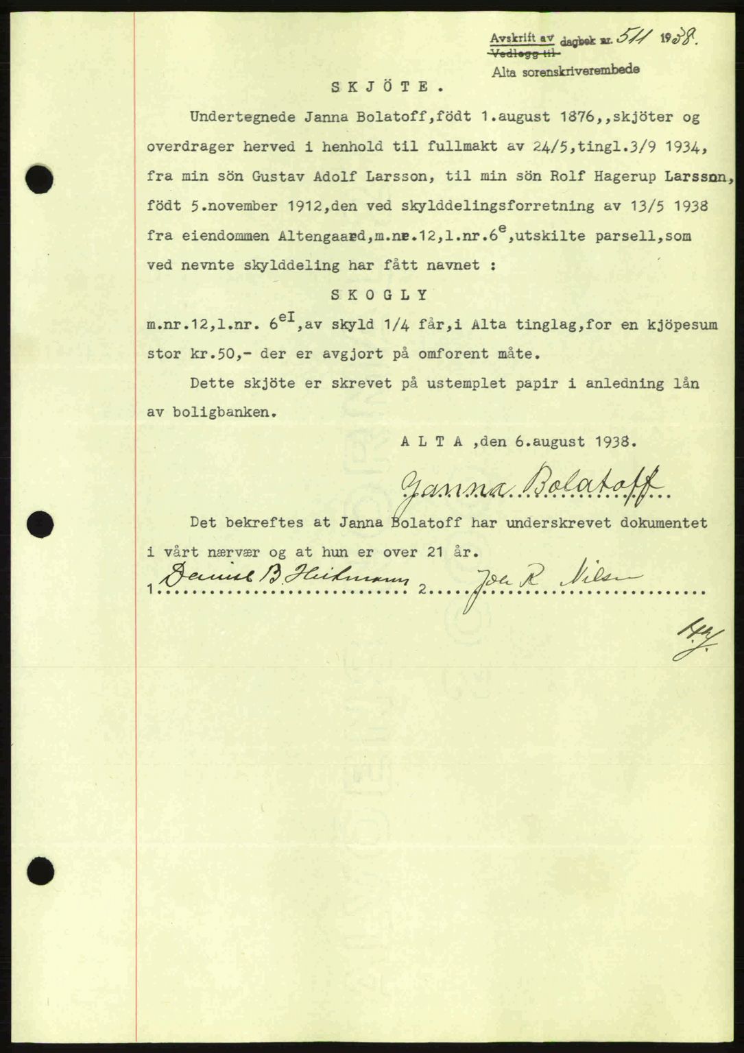 Alta fogderi/sorenskriveri, SATØ/SATØ-5/1/K/Kd/L0031pantebok: Mortgage book no. 31, 1938-1939, Diary no: : 511/1938