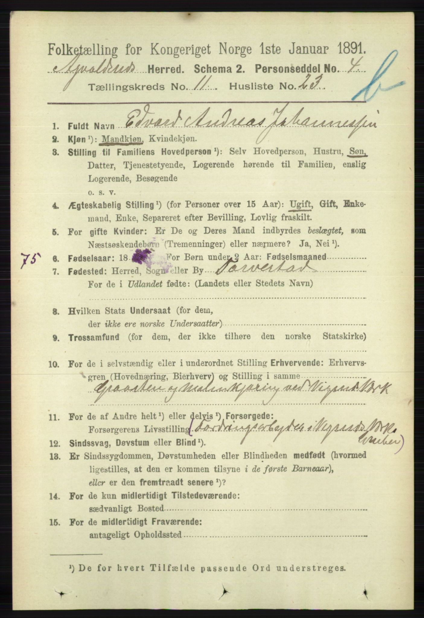 RA, 1891 census for 1147 Avaldsnes, 1891, p. 6548