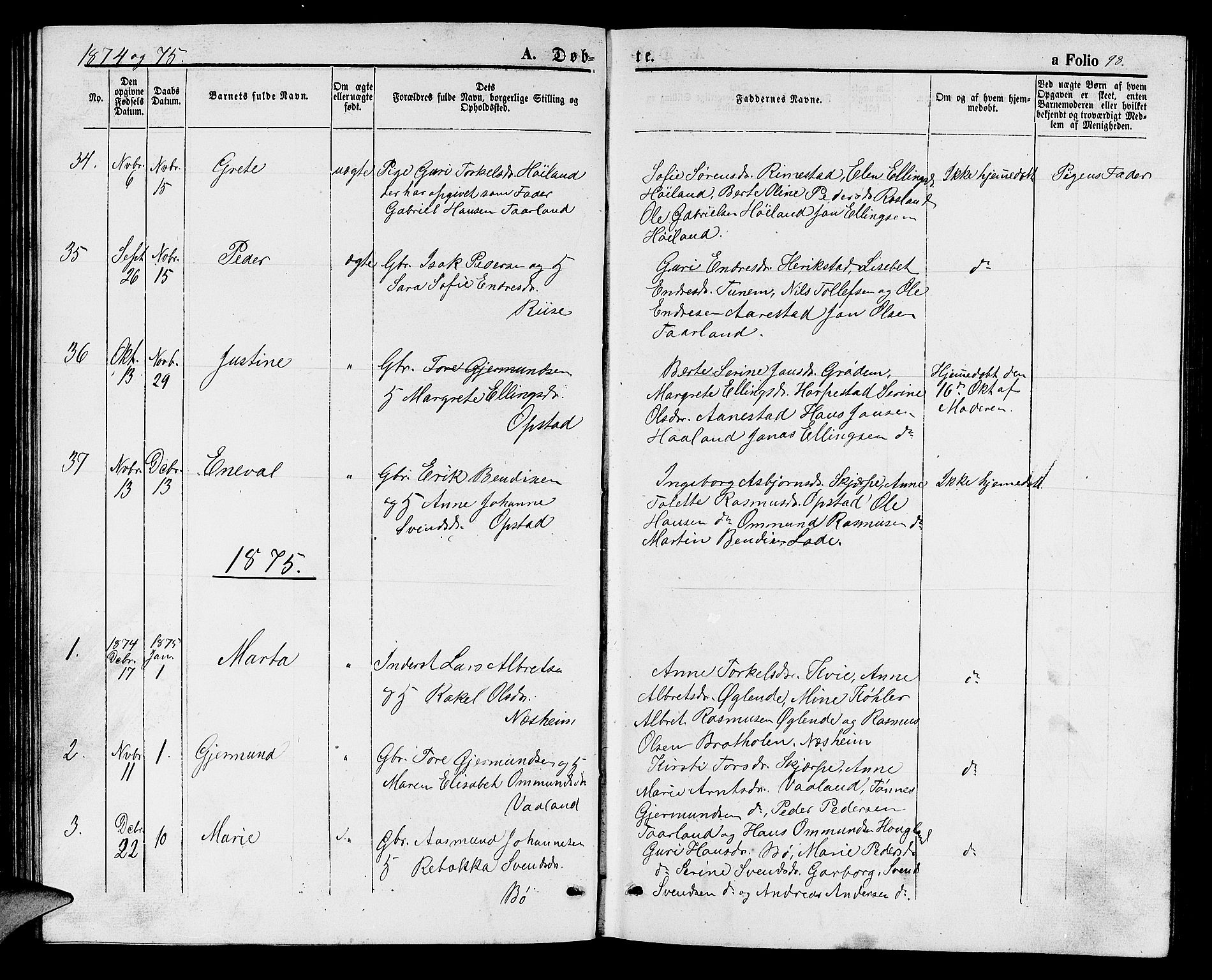 Hå sokneprestkontor, AV/SAST-A-101801/001/30BB/L0001: Parish register (copy) no. B 1, 1854-1883, p. 98