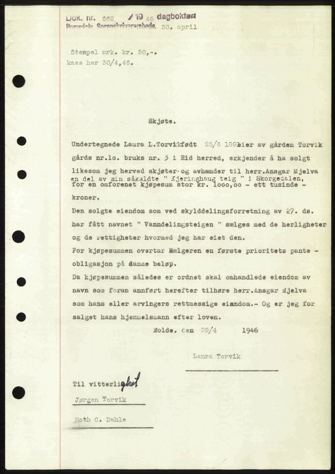 Romsdal sorenskriveri, SAT/A-4149/1/2/2C: Mortgage book no. A19, 1946-1946, Diary no: : 662/1946