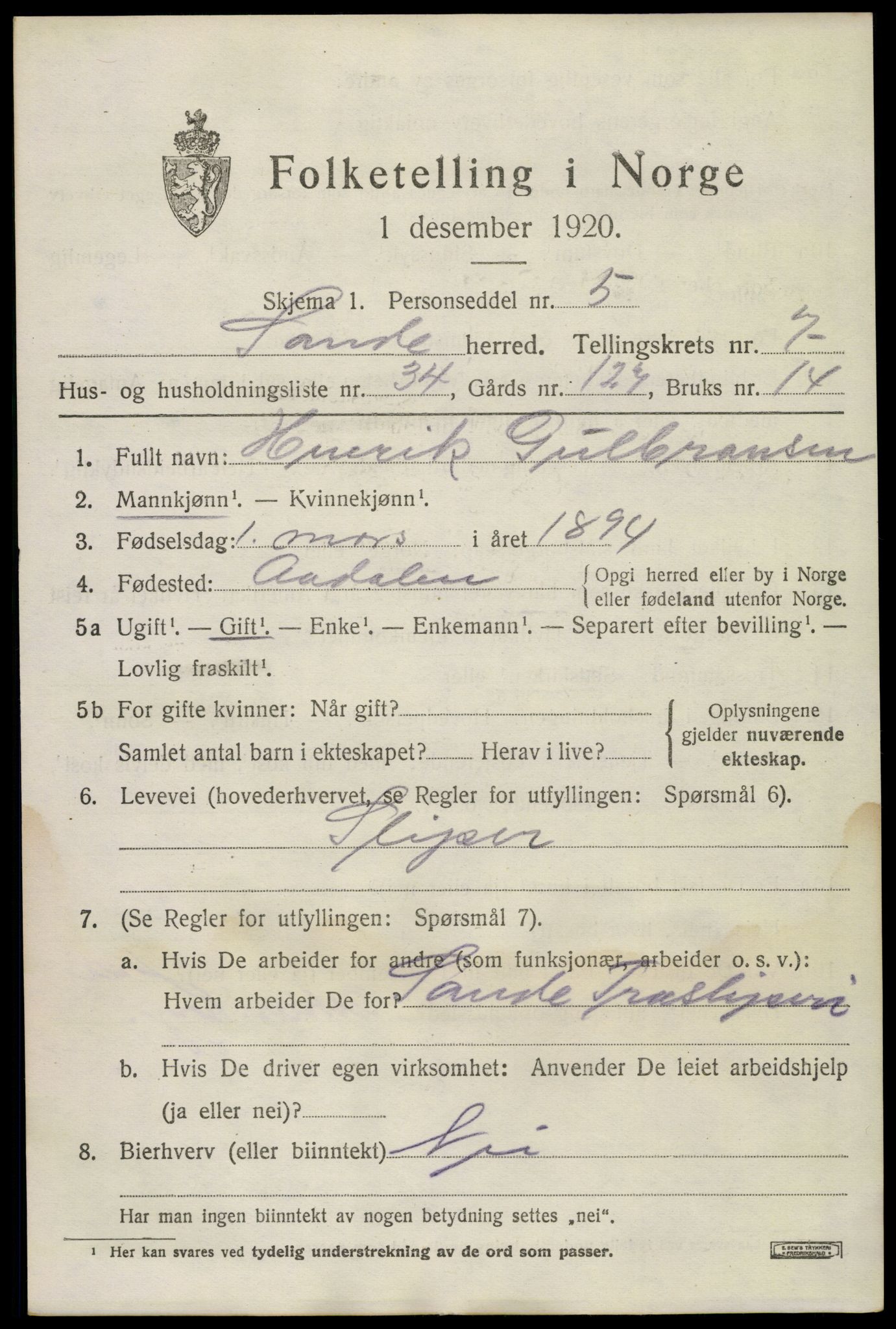 SAKO, 1920 census for Sande, 1920, p. 8394