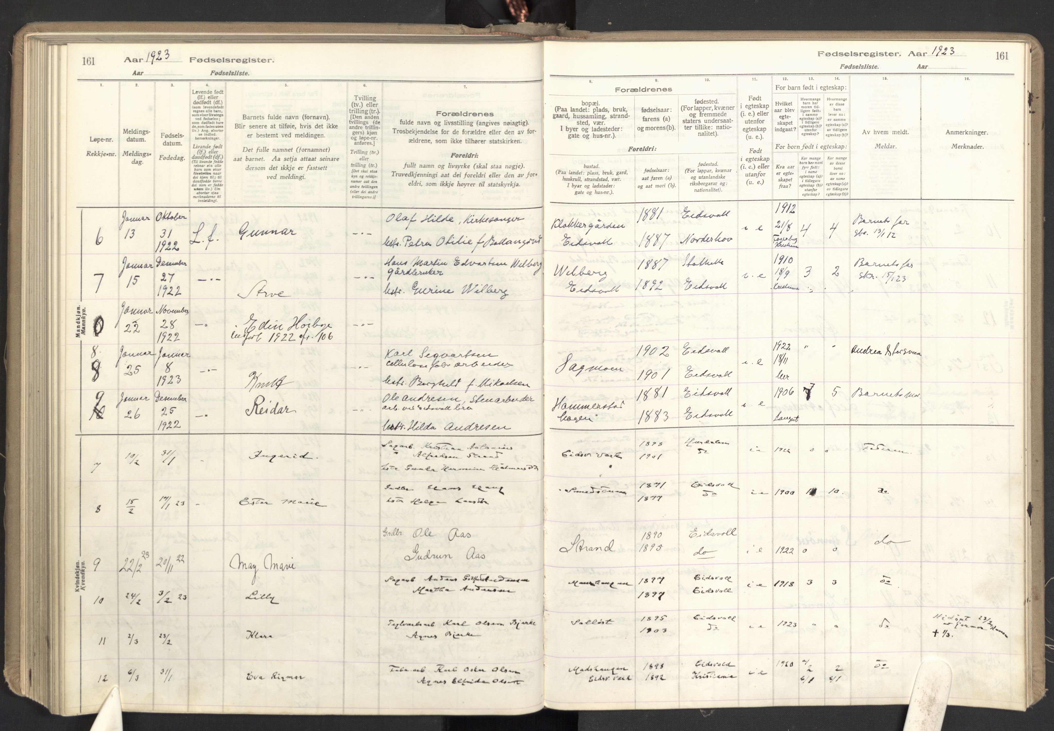 Eidsvoll prestekontor Kirkebøker, SAO/A-10888: Birth register no. I 1, 1916-1924, p. 161