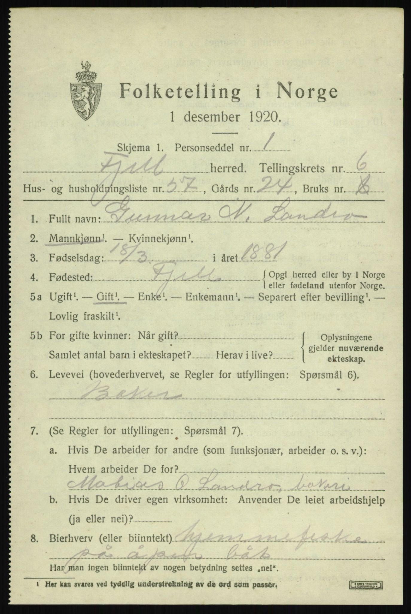 SAB, 1920 census for Fjell, 1920, p. 5958