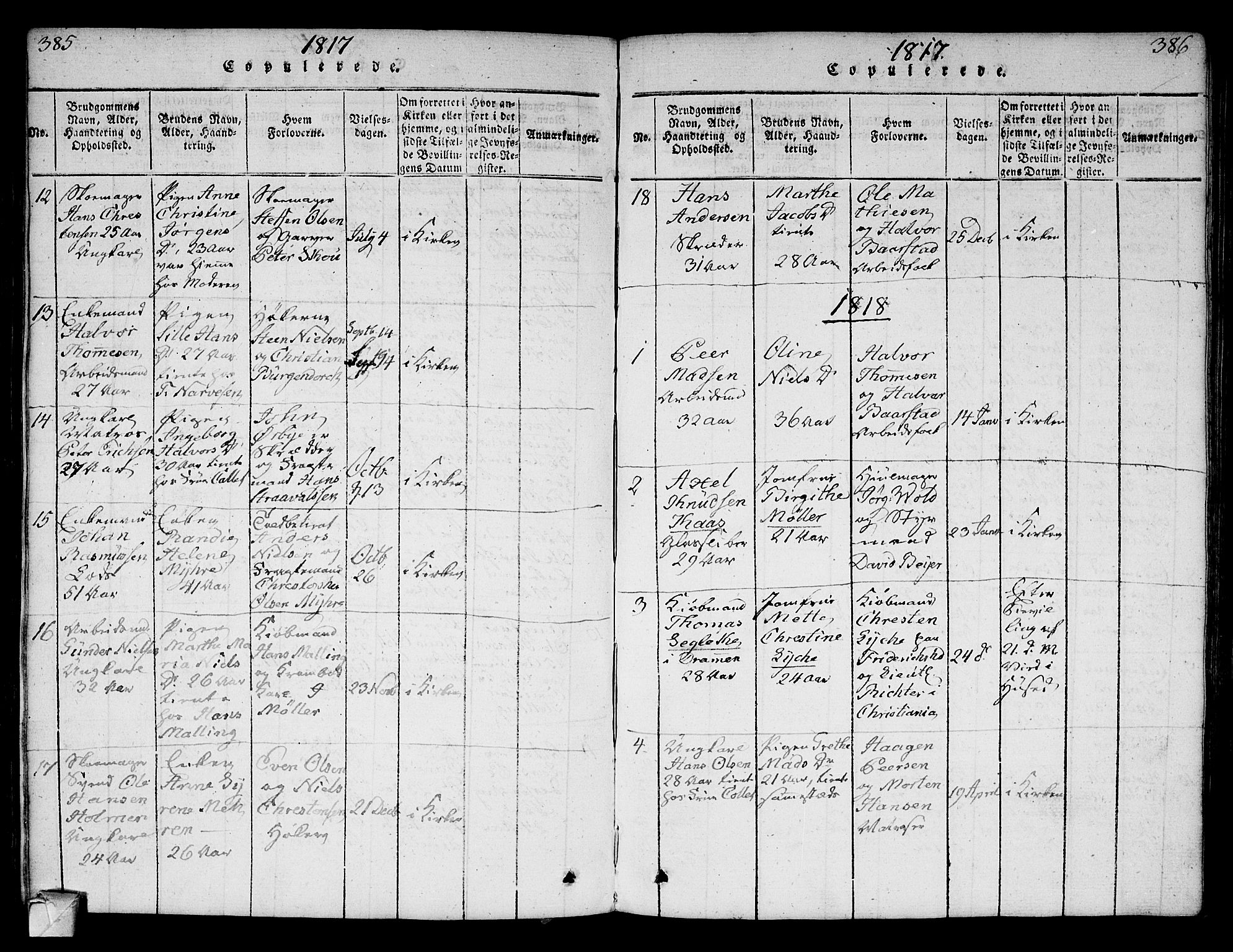 Strømsø kirkebøker, AV/SAKO-A-246/F/Fa/L0011: Parish register (official) no. I 11, 1815-1829, p. 385-386