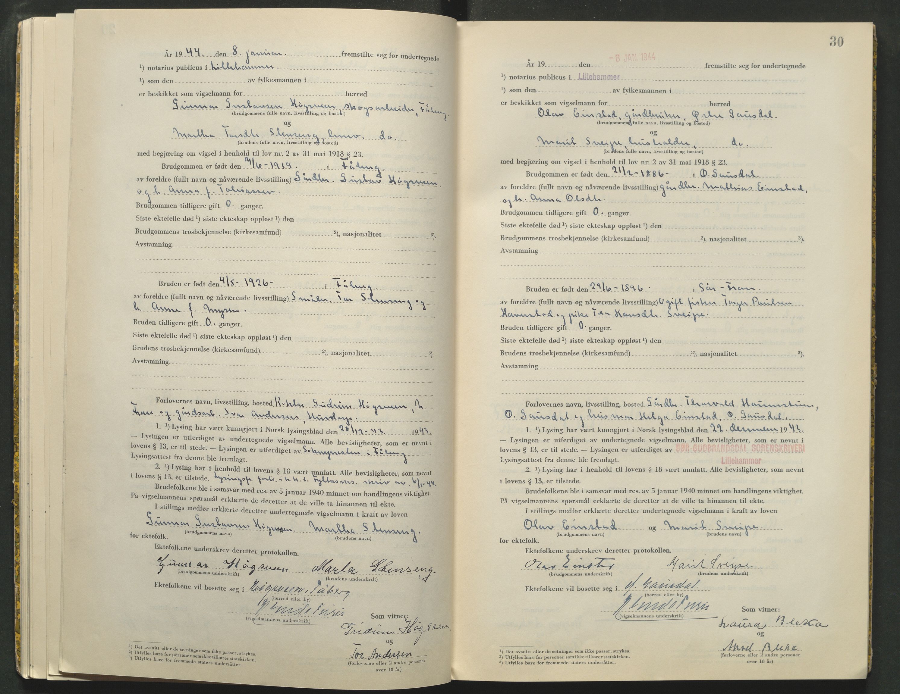 Sør-Gudbrandsdal tingrett, AV/SAH-TING-004/L/Lc/L0004: Vigselsprotokoll, 1943-1944, p. 30