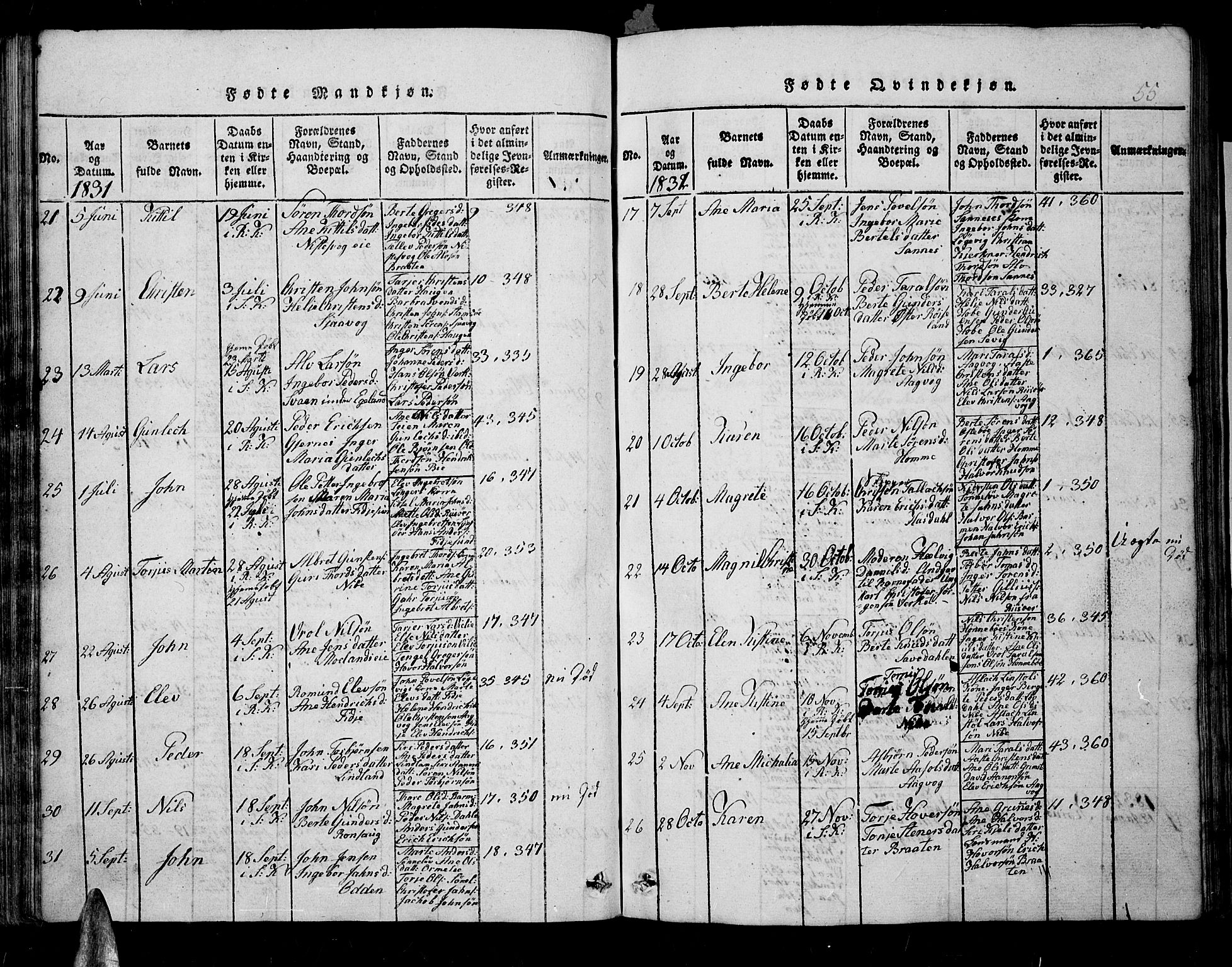Søndeled sokneprestkontor, AV/SAK-1111-0038/F/Fb/L0002: Parish register (copy) no. B 2, 1816-1839, p. 55