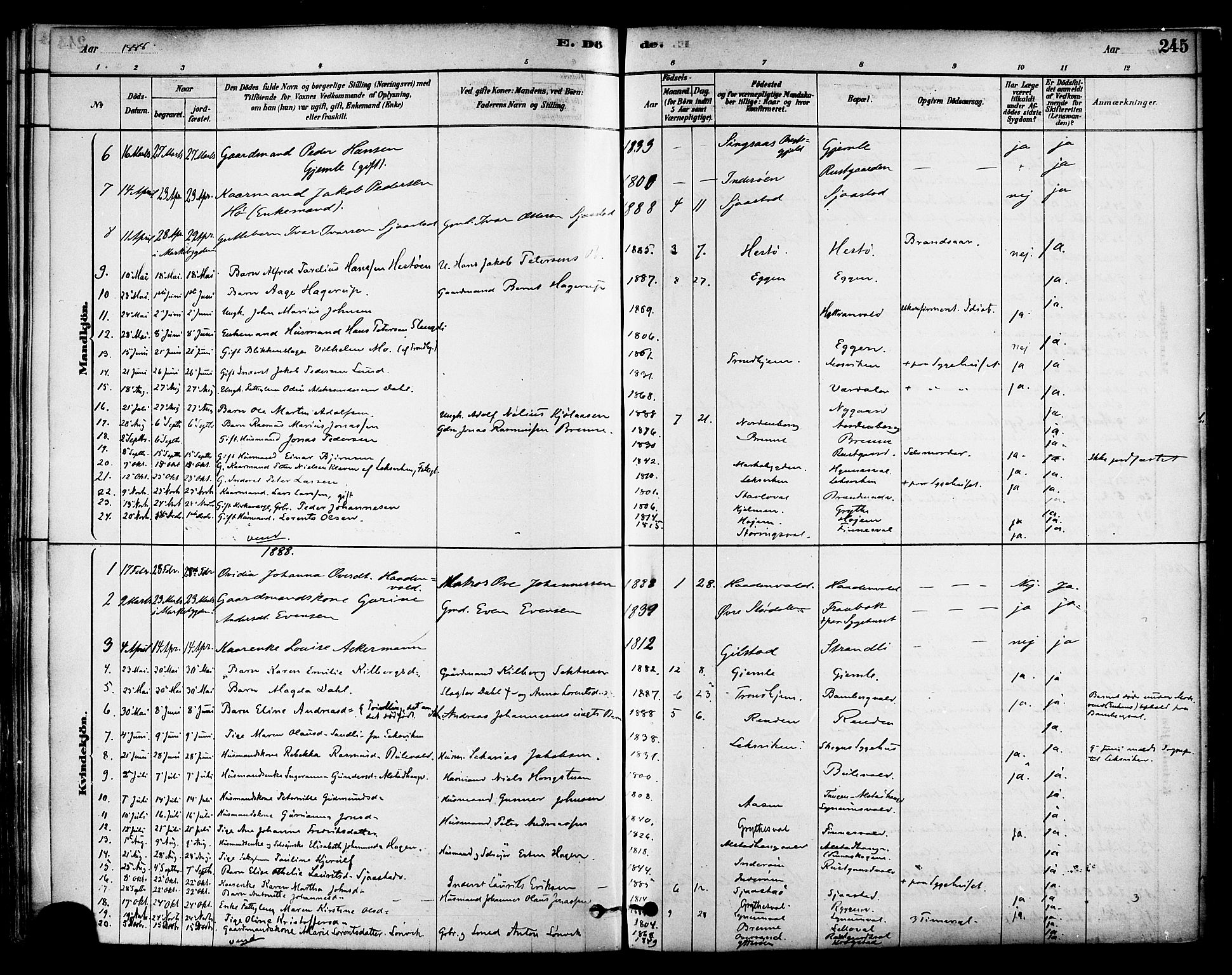 Ministerialprotokoller, klokkerbøker og fødselsregistre - Nord-Trøndelag, SAT/A-1458/717/L0159: Parish register (official) no. 717A09, 1878-1898, p. 245