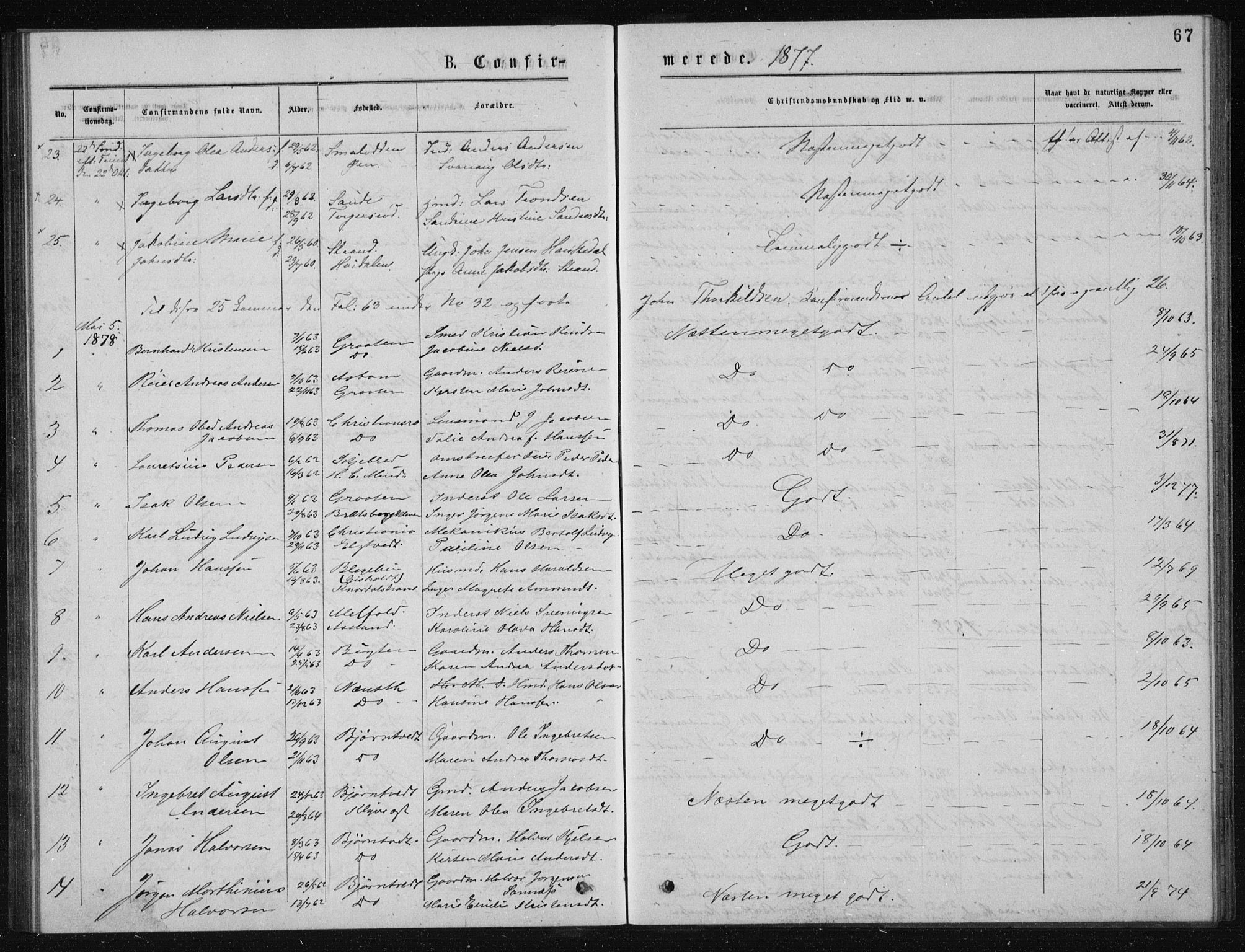 Solum kirkebøker, AV/SAKO-A-306/G/Ga/L0005: Parish register (copy) no. I 5, 1877-1881, p. 67