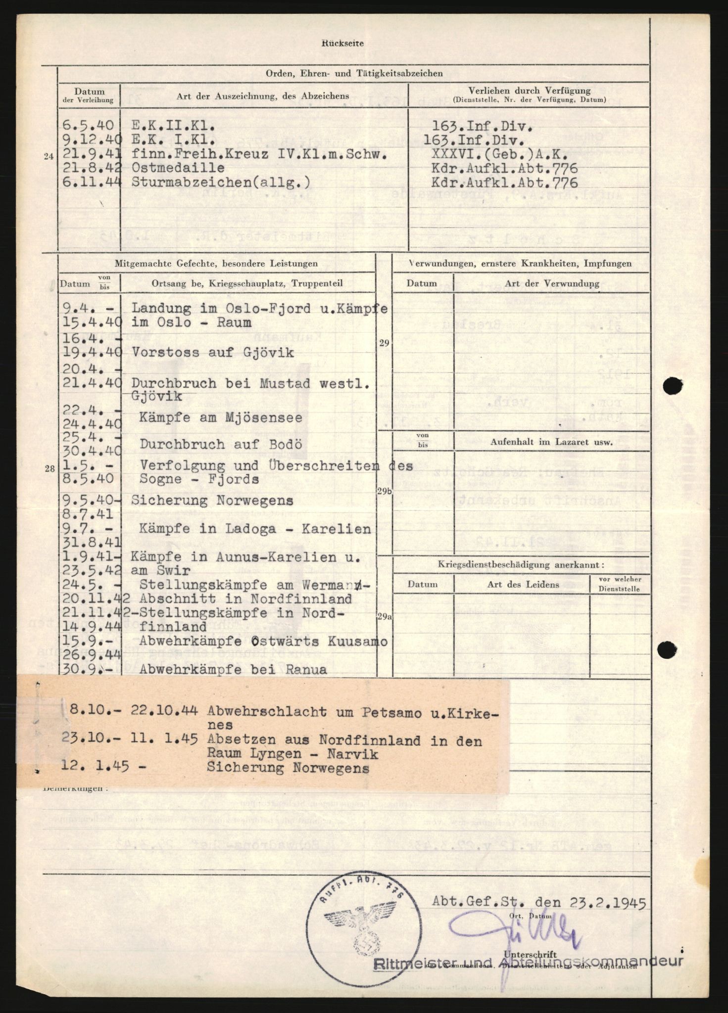 Forsvarets Overkommando. 2 kontor. Arkiv 11.4. Spredte tyske arkivsaker, AV/RA-RAFA-7031/D/Dar/Dara/L0019: Personalbøker og diverse, 1940-1945, p. 166