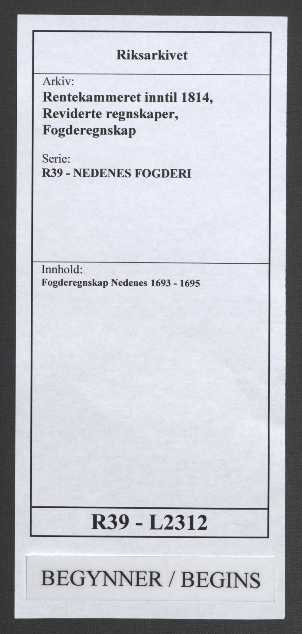 Rentekammeret inntil 1814, Reviderte regnskaper, Fogderegnskap, RA/EA-4092/R39/L2312: Fogderegnskap Nedenes, 1693-1695, p. 1