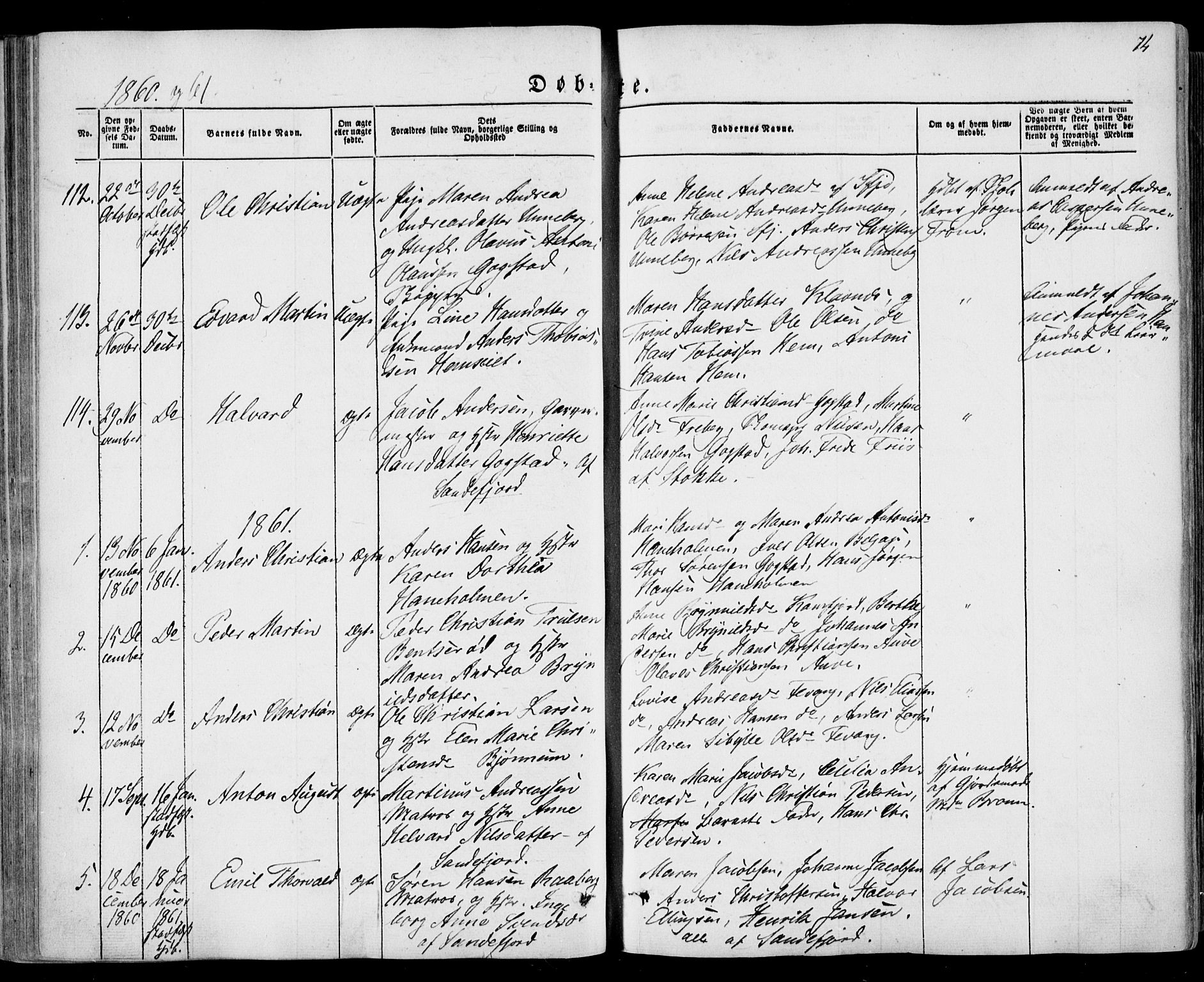 Sandar kirkebøker, SAKO/A-243/F/Fa/L0007: Parish register (official) no. 7, 1855-1861, p. 74