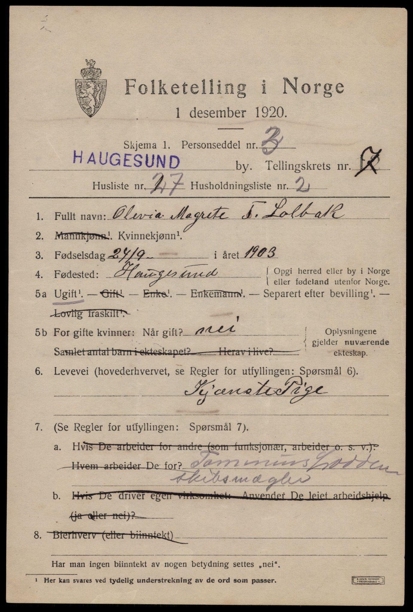 SAST, 1920 census for Haugesund, 1920, p. 25505