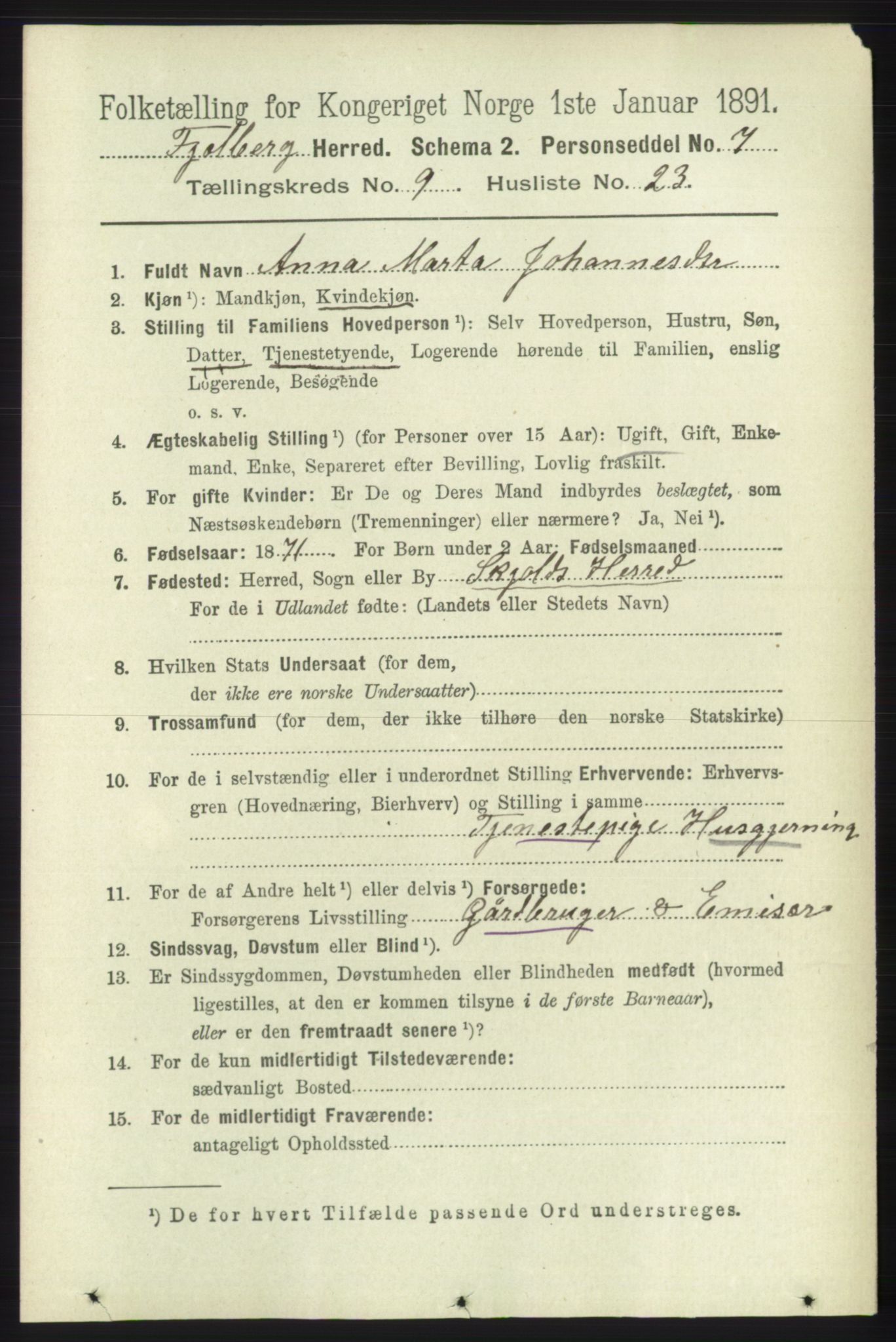 RA, 1891 census for 1213 Fjelberg, 1891, p. 3540