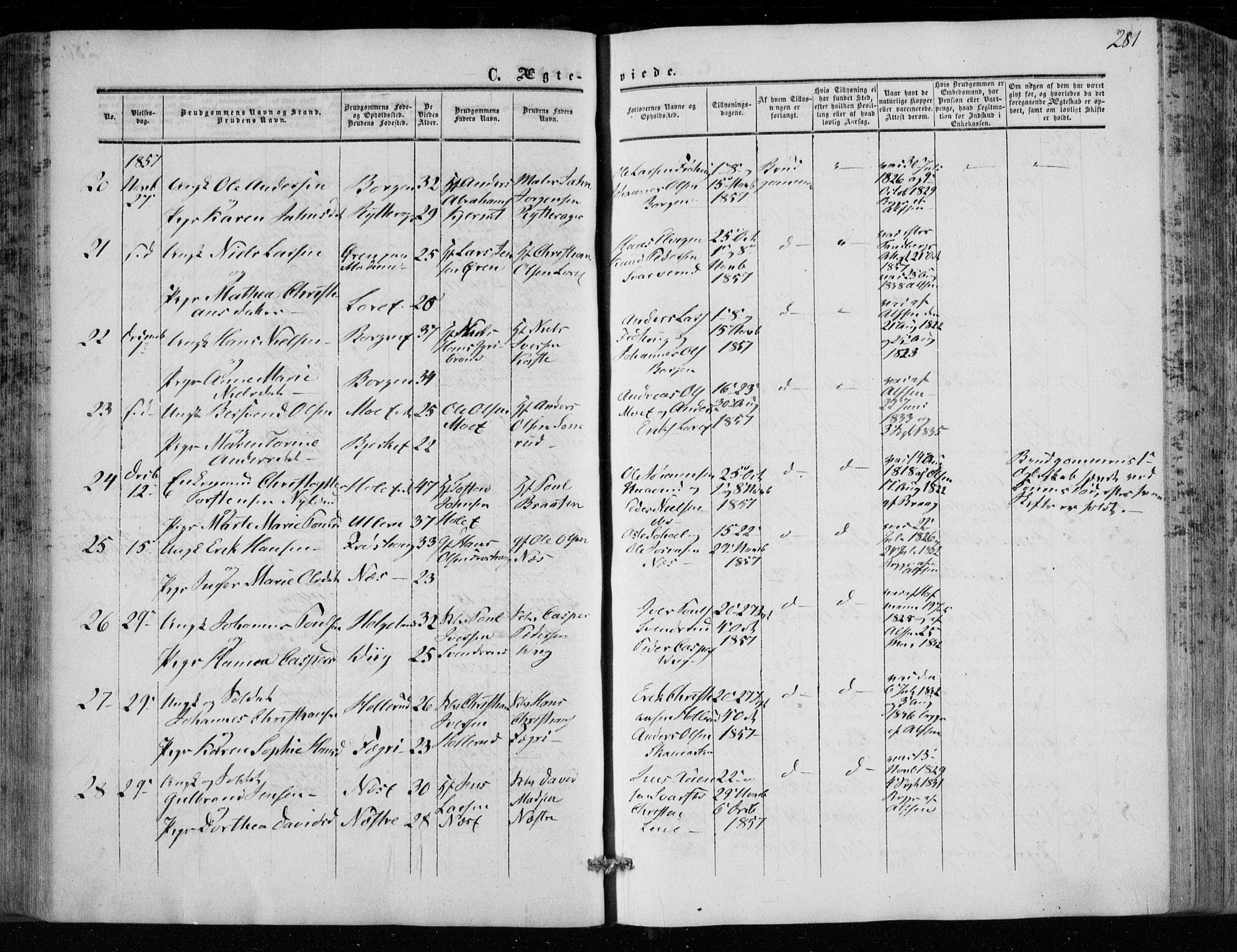 Hole kirkebøker, SAKO/A-228/F/Fa/L0006: Parish register (official) no. I 6, 1852-1872, p. 281
