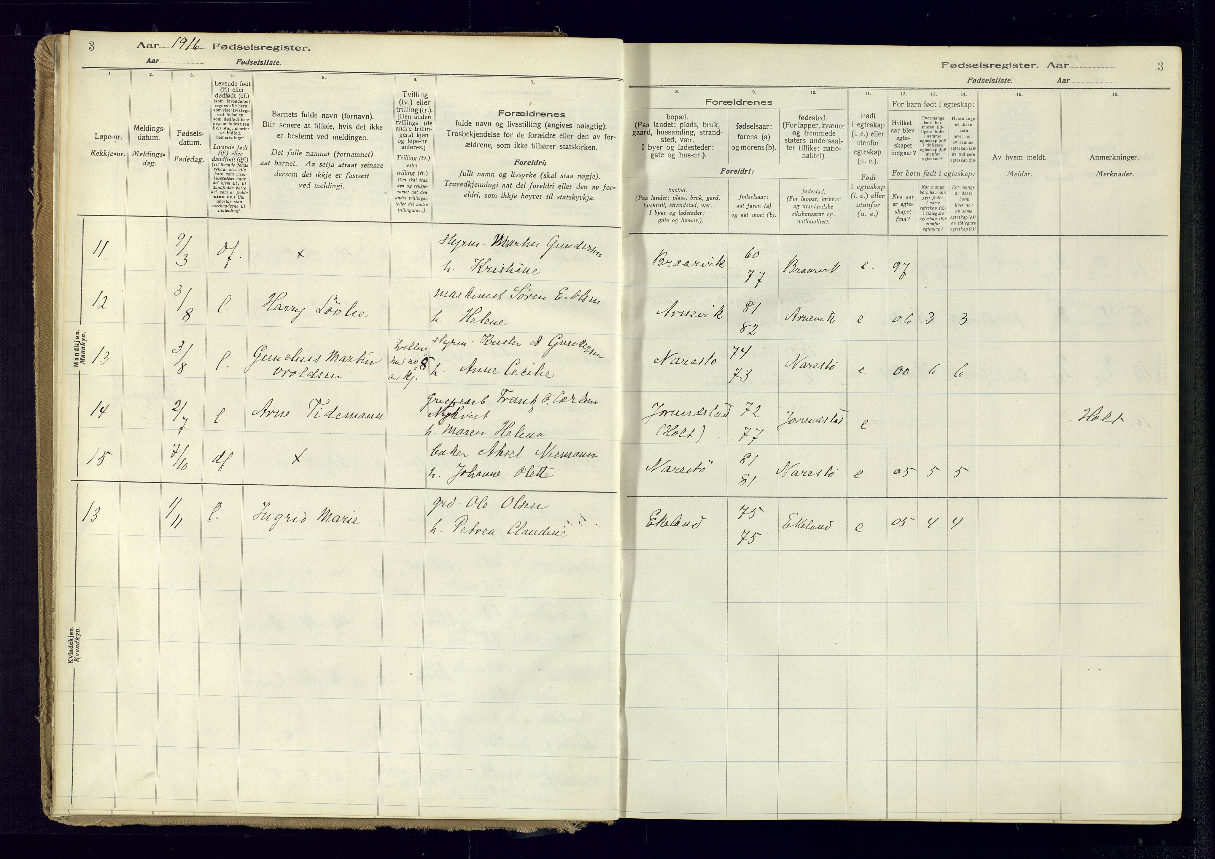 Austre Moland sokneprestkontor, AV/SAK-1111-0001/J/Ja/L0005: Birth register no. A-VI-29, 1916-1982, p. 3