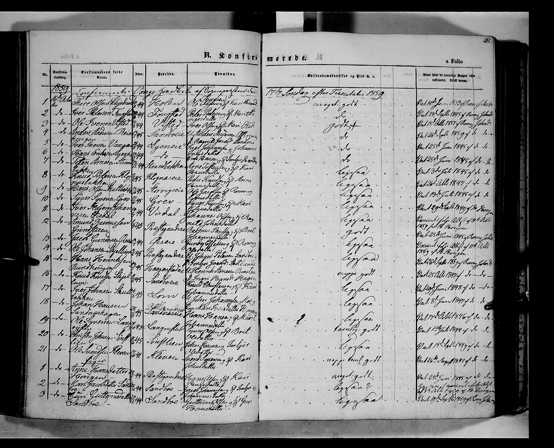 Vågå prestekontor, SAH/PREST-076/H/Ha/Haa/L0006: Parish register (official) no. 6 /1, 1856-1872, p. 181