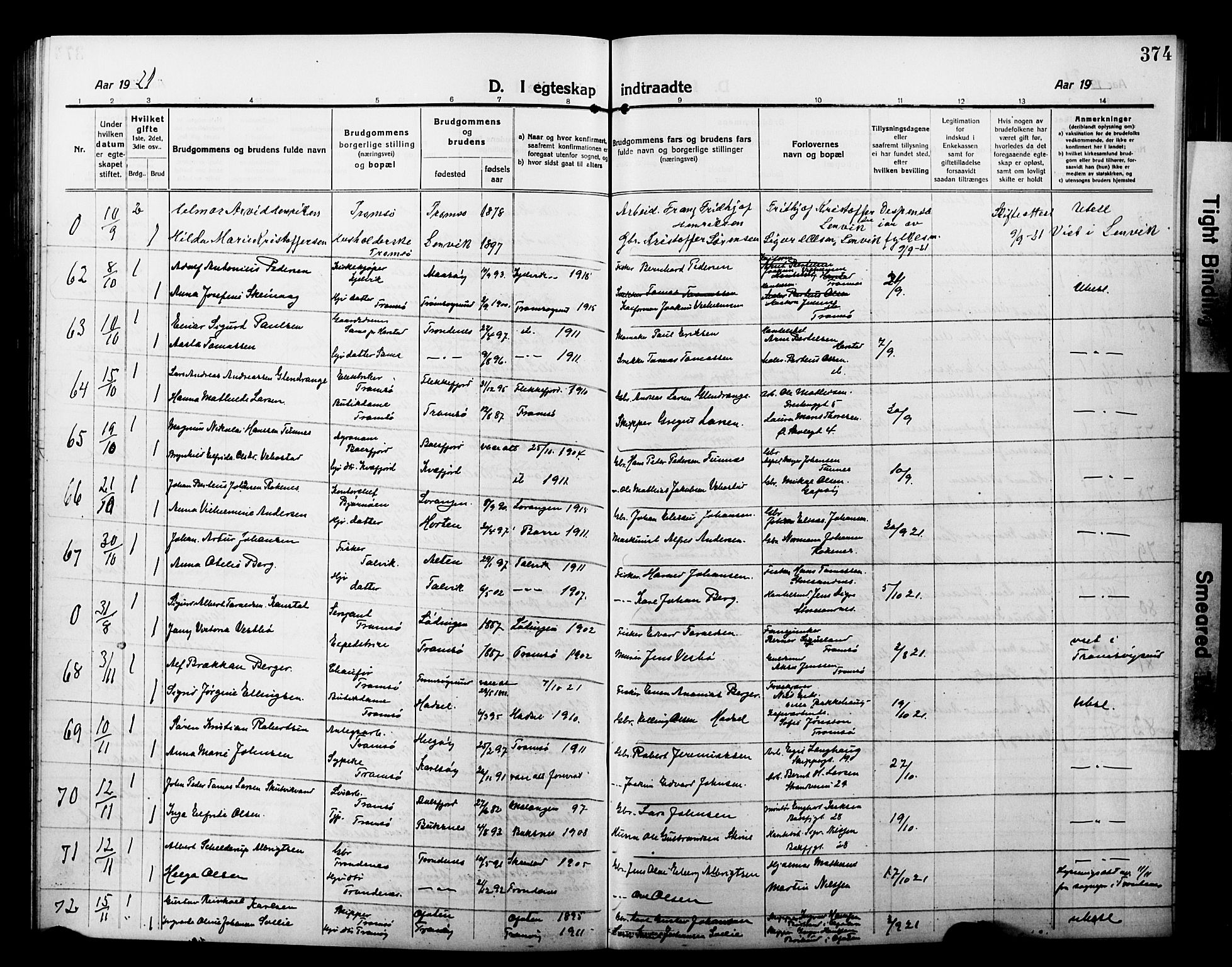 Tromsø sokneprestkontor/stiftsprosti/domprosti, AV/SATØ-S-1343/G/Gb/L0009klokker: Parish register (copy) no. 9, 1915-1925, p. 374